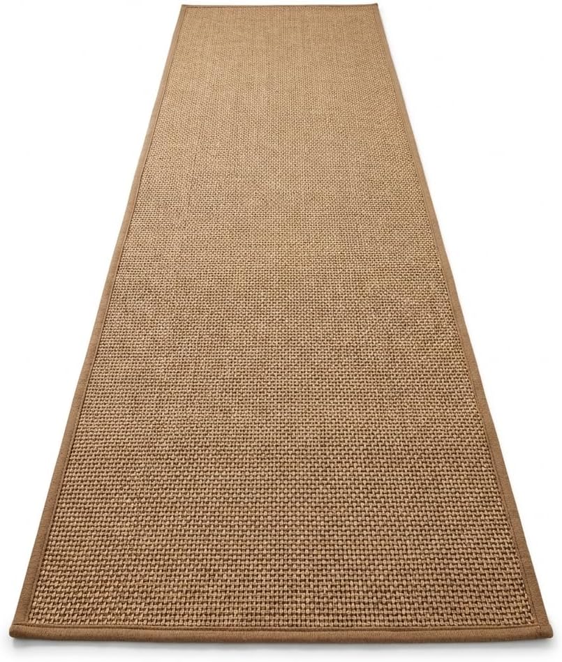 Washable Faux Jute Area Rug, 2' x 8' Low-Pile Indoor Rug, Soft Natural Look Farmhouse Rug for Living Room Bedroom, Non-Shedding & Stain Resistant, Pet & Kid Friendly, Brown
