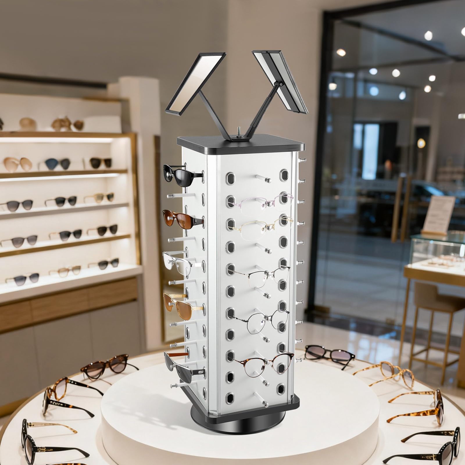 Stojak na okulary obracany o 360° z drewna i aluminium, stojak na 44 okulary przeciwsłoneczne