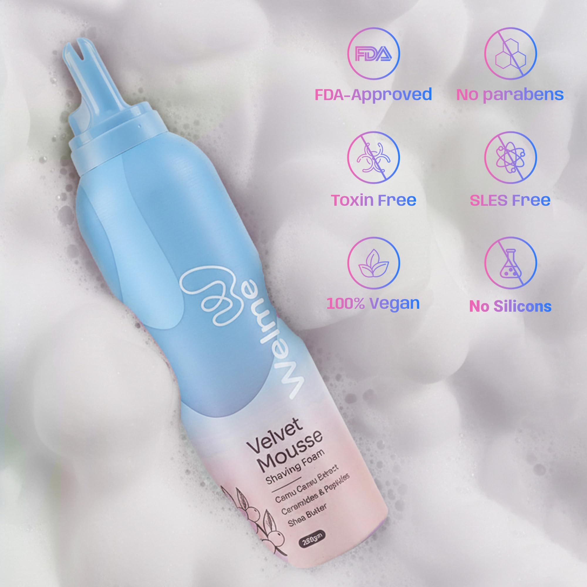 Welme Velvet Mousse Shaving Foam for Women | Camu Camu Extract, Ceramides & Peptides & Shea Butter Free from Sulphates & Parabens | 100% Vegan | Best for Smooth Shaves & Moisturizing | For Normal-Sensitive Skin | 200ml * 1 Pack