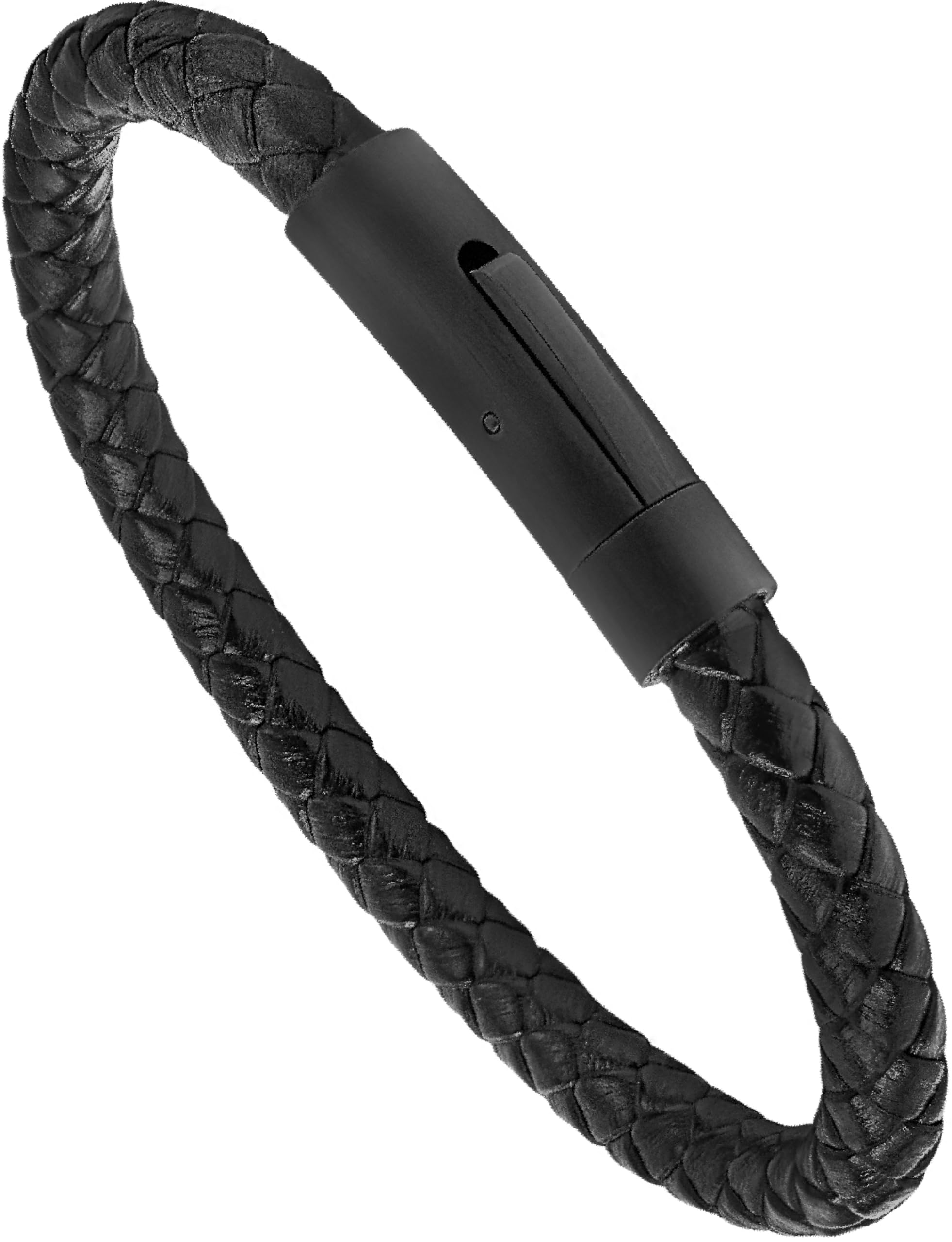 LUXARMen’s Genuine Leather Bracelet | Interwoven Black Leather Bracelets with Brush Stainless Steel Clasp | Minimalist, Designer Jewelry for Men (Black round small)