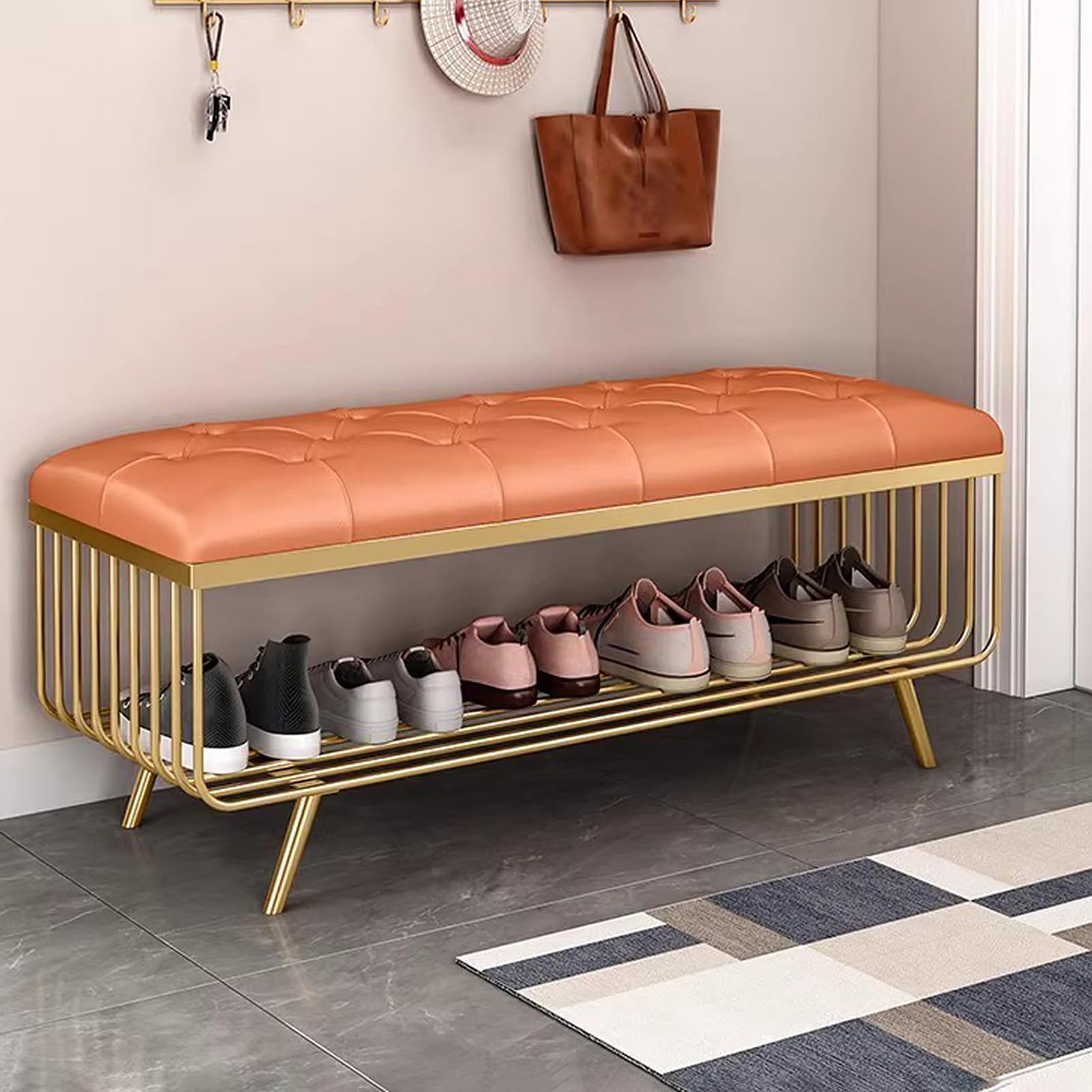 Banc à chaussures d'entrée à 2 niveaux avec coussin en cuir PU noir