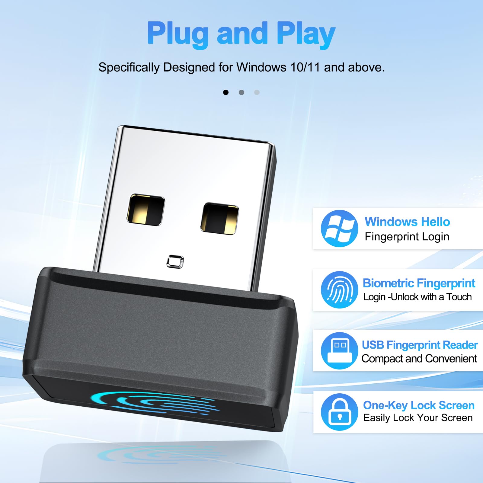 Rocketek Lecteur Empreinte Digitale USB-A pour Windows 10/11,Mini Lecteur Empreinte Digitale Windows Hello avec 360 Degrés Tactile,sans Mot de Passe et chiffrement des fichiers,Plug&Play
