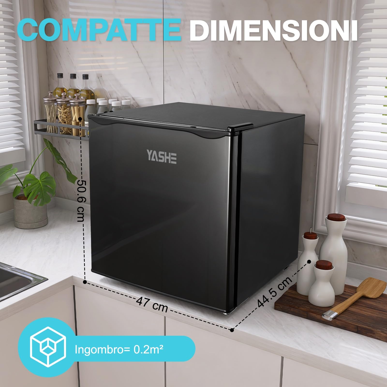 YASHE 52L Frigorifero Piccolo con Congelatore, Mini Frigo da Camera, Termostato Regolabile a 5 Livelli, Porta Reversibile e Silenzioso, Frigorifero Compatto per Ufficio, Casa e Camper