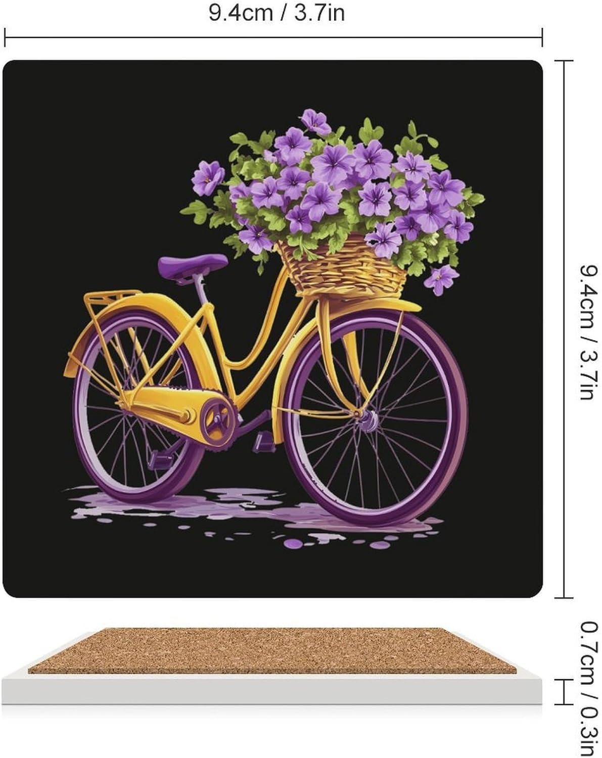 Yellow Bicycle with Flower Coasters for Drinks Square Table Coasters Set Cup Mats with Cork Base
