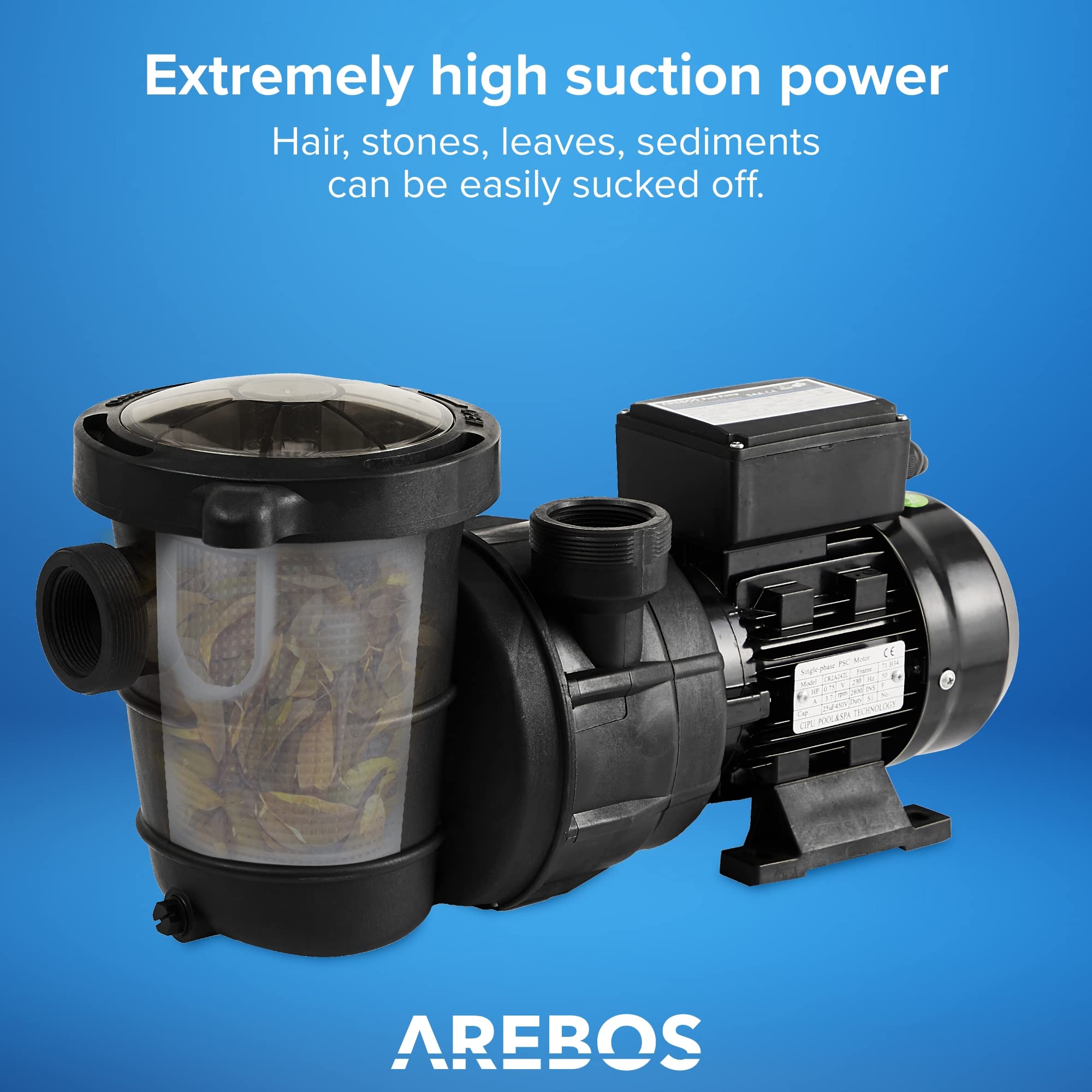 Pompe De Piscine AREBOS 800W – Débit 19000 L/h, Préfiltre Intégré, Pour Bassin Jusqu’à 76 M³, IPX5, Compatible Eau Salée
