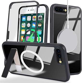for iPhone 8 Plus Magsafe Case,iPhone 8 Plus Case with Screen Protector,iPhone 7 Plus Phone Case with Stand,iPhone 8 Plus Magnetic Case with Built in Screen Protector,Shockproof Clear,Black