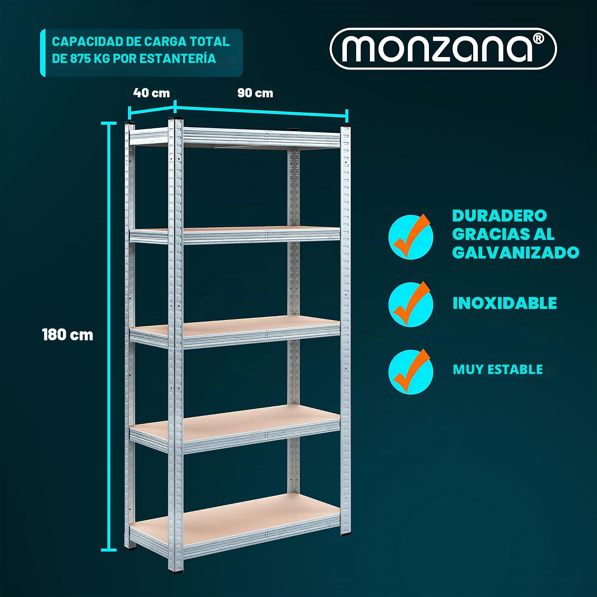 Monzana® Estantería Metálica Almacenaje 180x90x40cm 875kg 5 Estantes Altura Ajustable MDF Metal Galvanizado Taller
