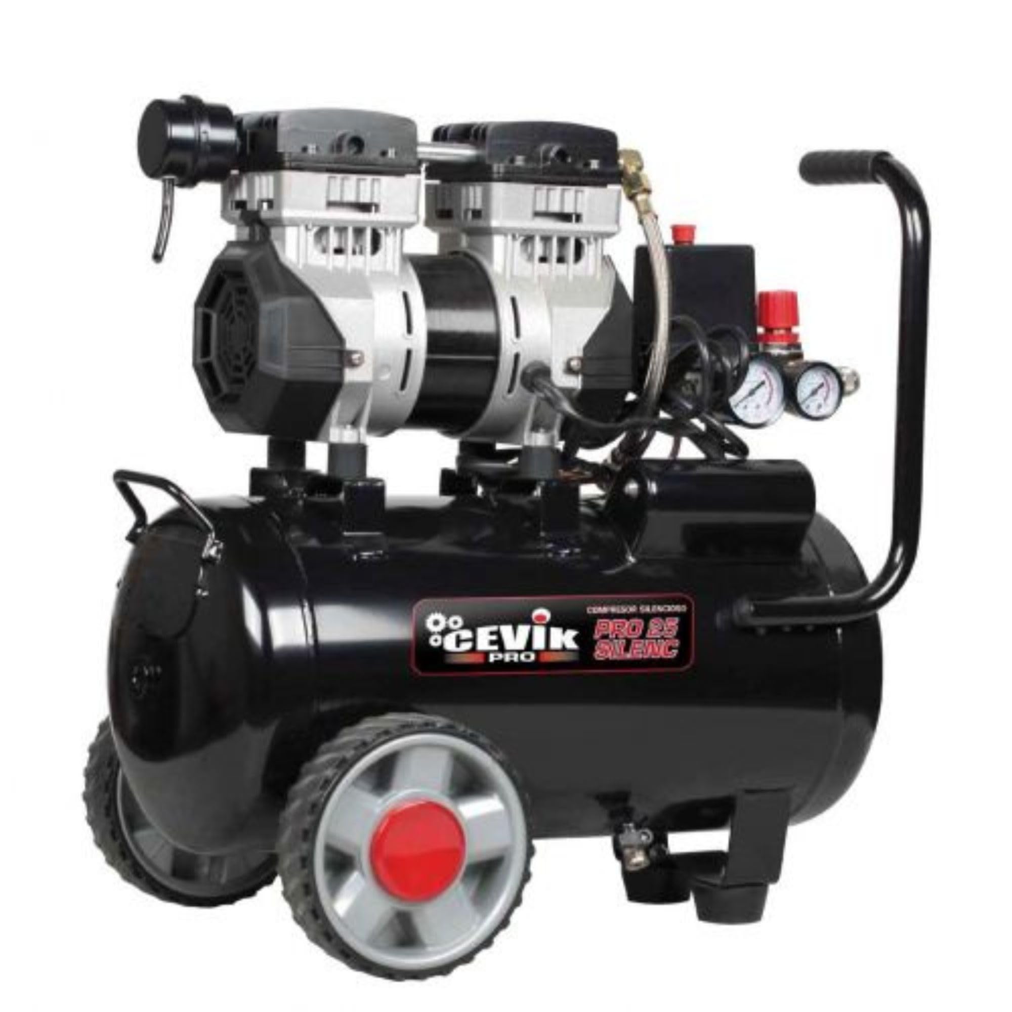 CEVIK PRO - CA-​PRO25SILENC - Compresor Aire Silencioso - 59 dB - 25L - 1.5HP - Máx 8 Bar - 150 l/​min - Sin Aceite - Dos Salidas de Aire - Compacto y Portátil - Compresor de Pintura y Neumática