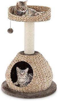 Tangkula Modern Cat Tree, Small Cat Tower with Natural Sisal Scratching Post, Hand-Made Wicker Cat Condo & Top Perch, Funny Hanging Toy Ball, Cute Cat Tree Tower for Indoor Cats