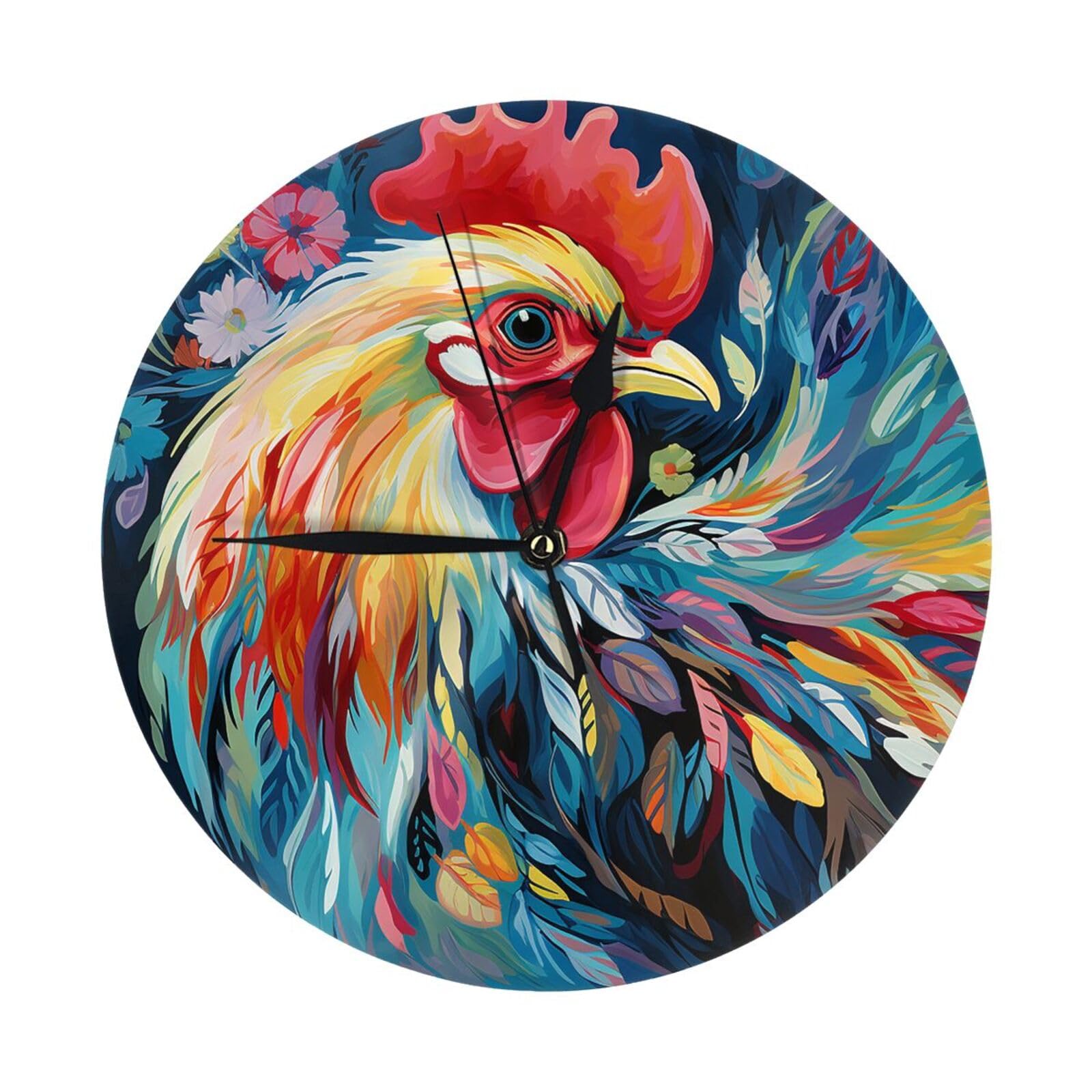 FodPand Art Colorful Chicken Wall Clock - 10 Inch Silent Non-Ticking Modern Wall Clocks Battery Operated - Classic Simple Minimalist Analog Round Decorative Clock for Kitchen, Home, Office