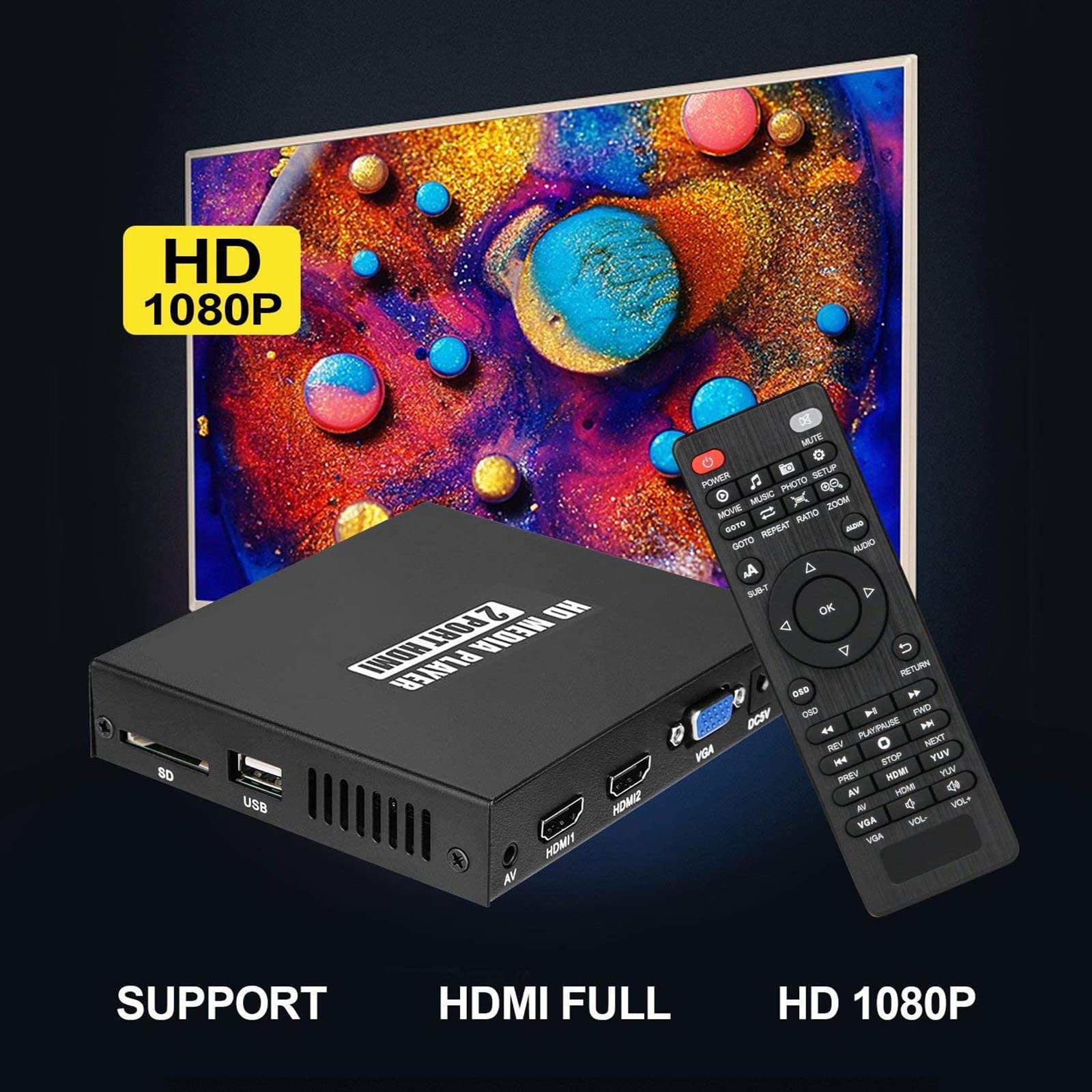 1080p HD TV Media Player - Lit Tous Les Fichiers De Disques Durs USB - 2 Sorties simultanées HDMI - Charge la ​Rotation, Le Zoom et Le diaporama