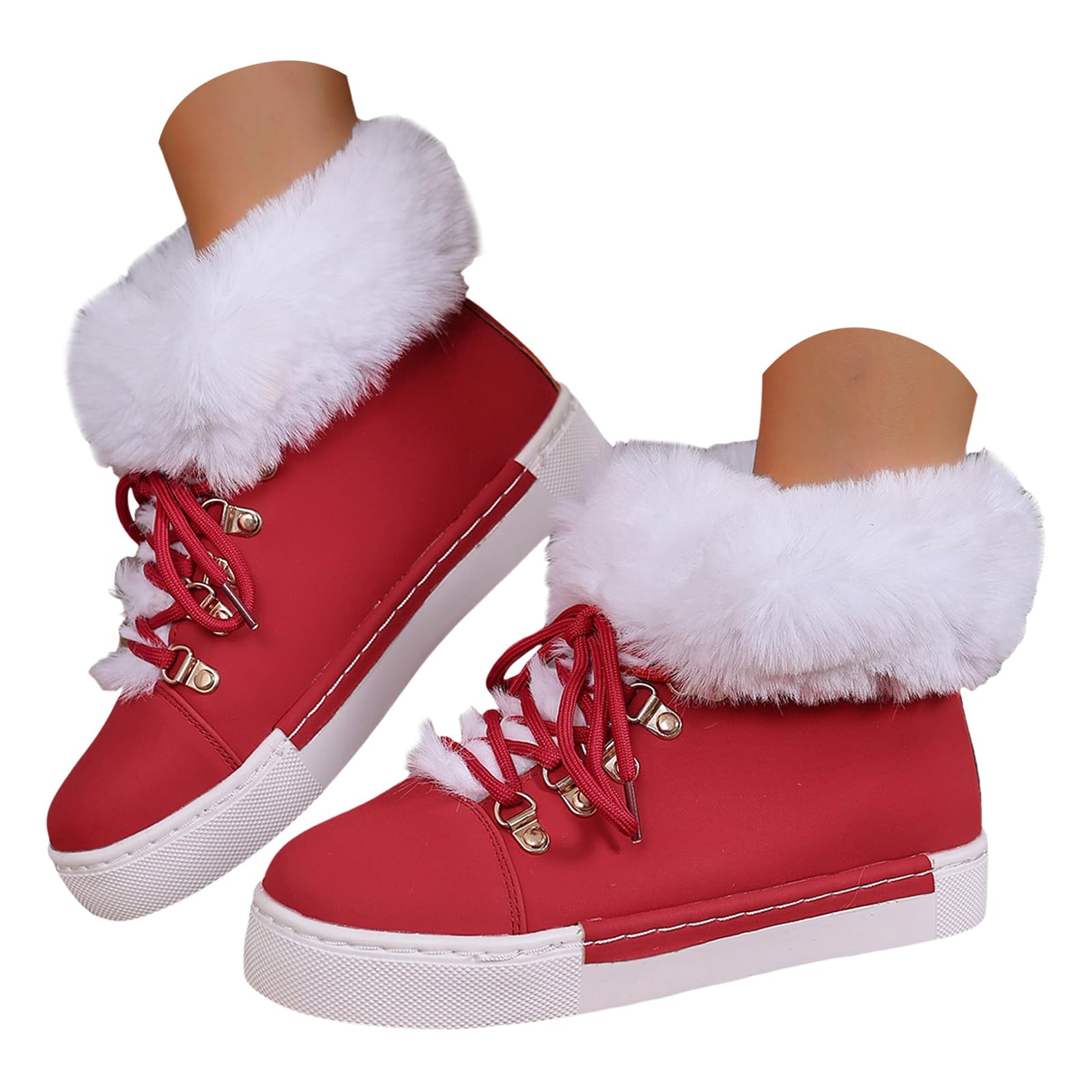 Women Snow Ankle Boots Platforms Lace up Plush Cuff Winter Booties Wide Calf Warm Furry Lining Chunky Heels