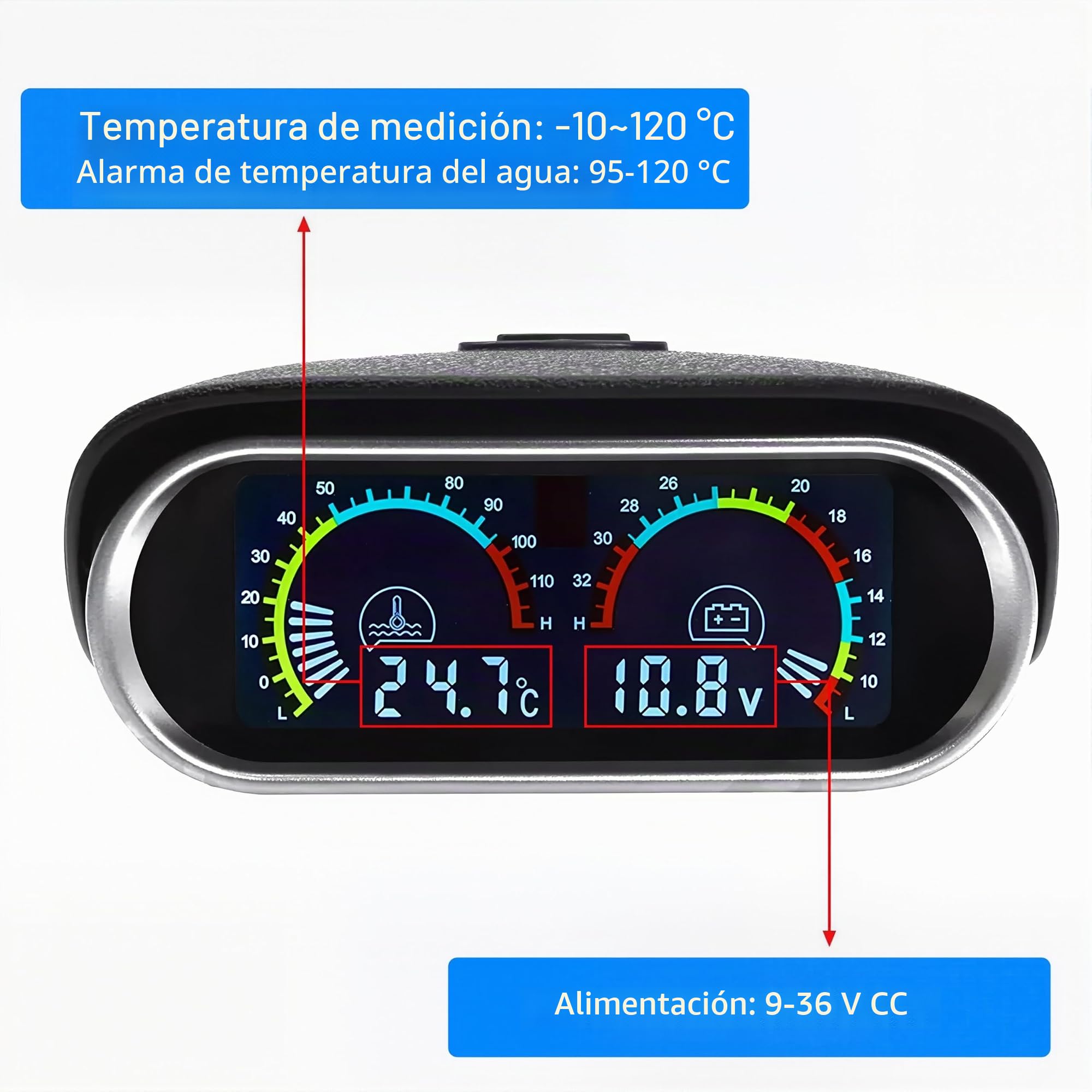 Kit de medidor de temperatura de agua para automóvil Letgoing - Medidor de temperatura de agua digital 10-120°C, voltímetro CC 9-36V, tubo de conexión de temperatura de agua de aluminio azul, sensor
