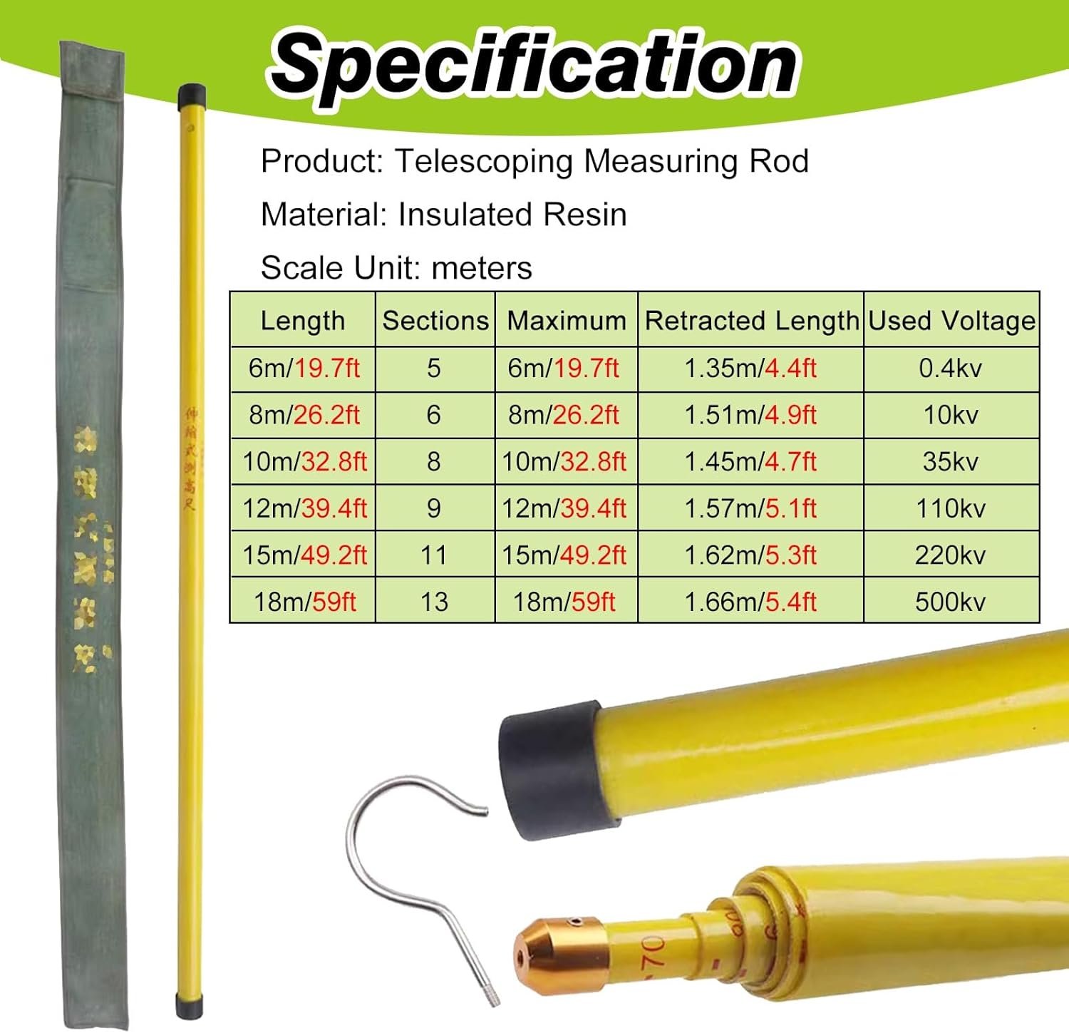 Yellow Height Measuring Stick - Electrician Safety Insulation Ruler, Non-Conductive Retractable Pole for Truck Height Measurement, Portable with Carrying Bag, Durable & Accurate