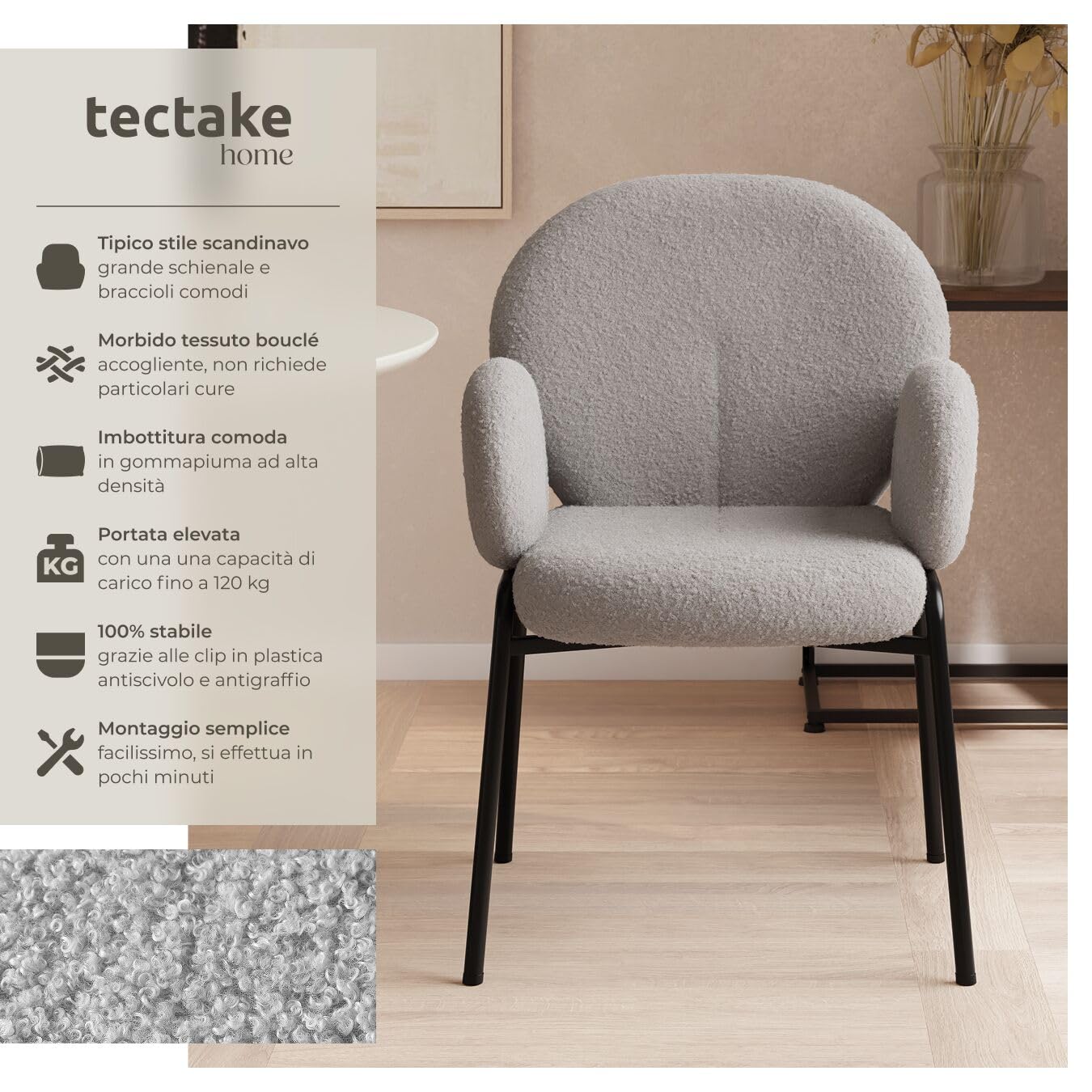 tectake® 1 Poltrona Salotto Stile Scandinavo con Braccioli, Poltrona Relax con Morbida Imbottitura, Tessuto Bouclé, Gambe in Acciaio, Comoda Poltroncina Imbottita da Lettura - Grigio Chiaro
