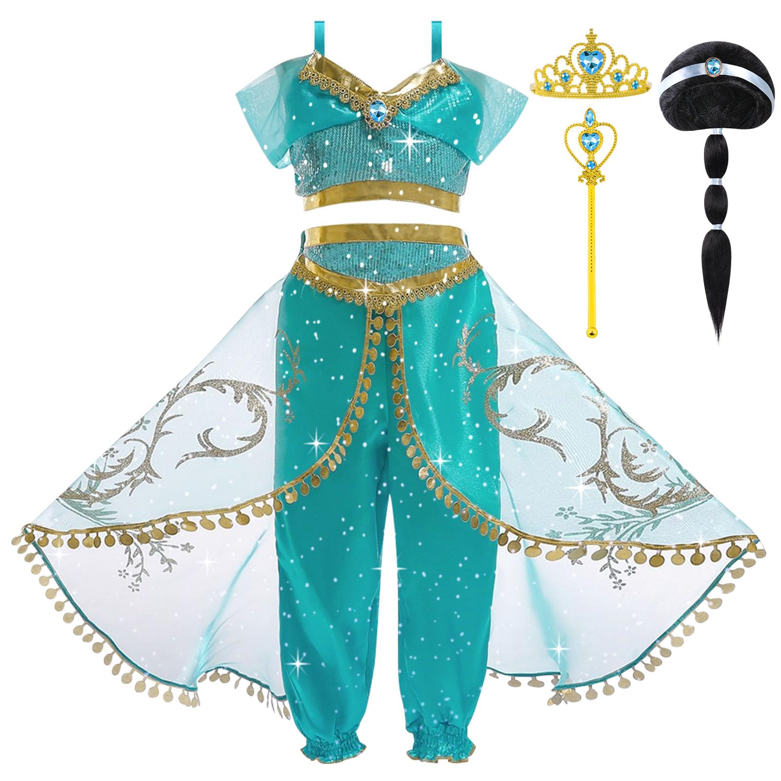 DiULi Girls Jasmine Princess Costume, 5 Piece Green Fancy Dress Set,120CM