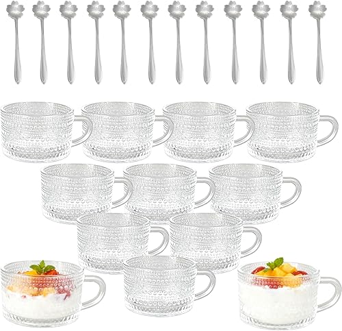 12 tazas de café vintage con asa de 14 onzas apilables de vidrio para agua, tazas de té transparentes en relieve para yogur, postre, capuchino latte