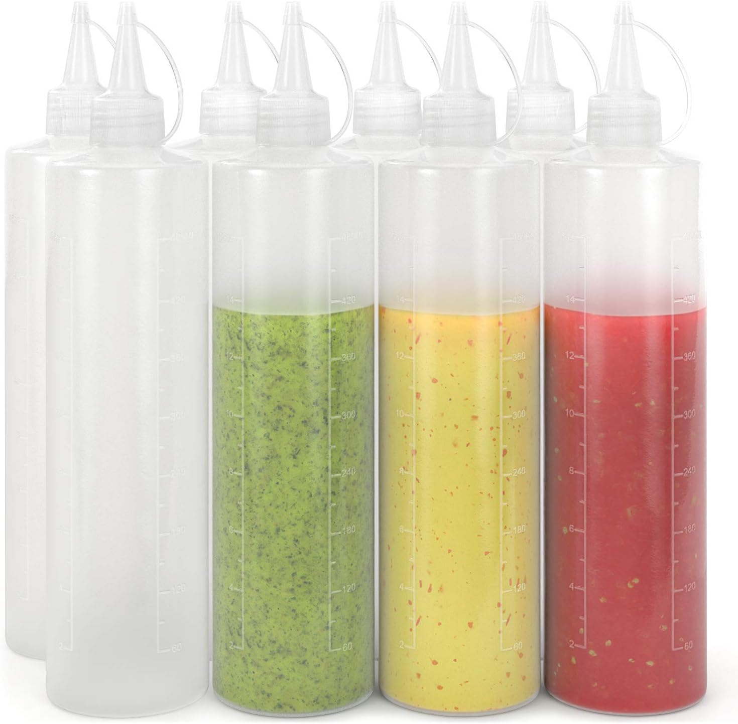 Condiment Squeeze Sauce Clear Plastic Bottles 8 Pack 16oz, BPA free, Ketchup Mustard Mayonnaise Squeeze Bottles with Attached Flip Caps