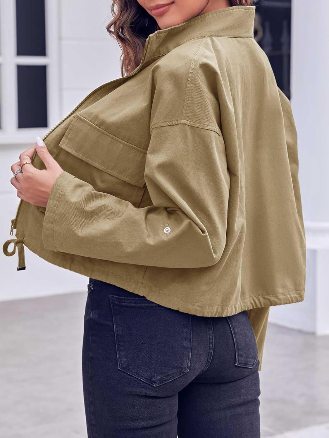 Tankaneo Women Casual Cropped Jackets Zip Up Lightweight Military Safari Short Utility Coat with Pockets - Image 3