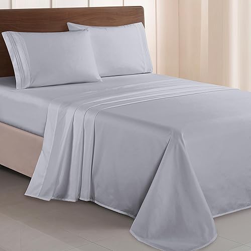 Elegant Comfort Luxurious 1500 Premium Hotel Quality Microfiber Three Line Embroidered Softest 4-Piece Bed Sheet Set, Wrinkle and Fade Resistant, Twin/Twin XL, Silver Grey