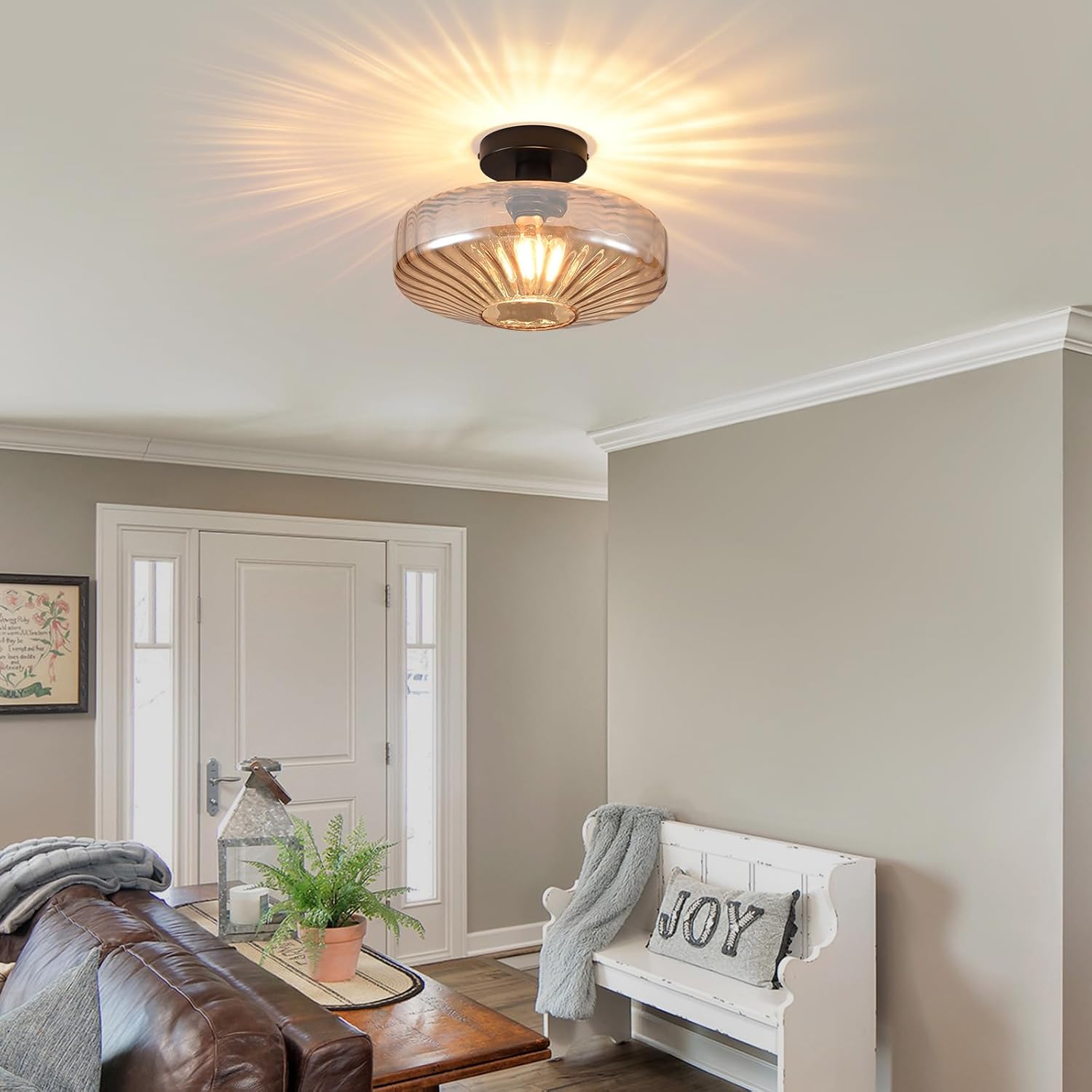 Semi Flush Mount Ceiling Light,11.8 inch Vintage Warm Amber Glass Ceiling Light Fixture,Living Room Lighting Fixtures Ceiling for Hallway Porch Bedroom Bathroom Dining room,E26 Base(Bulb Not Included)