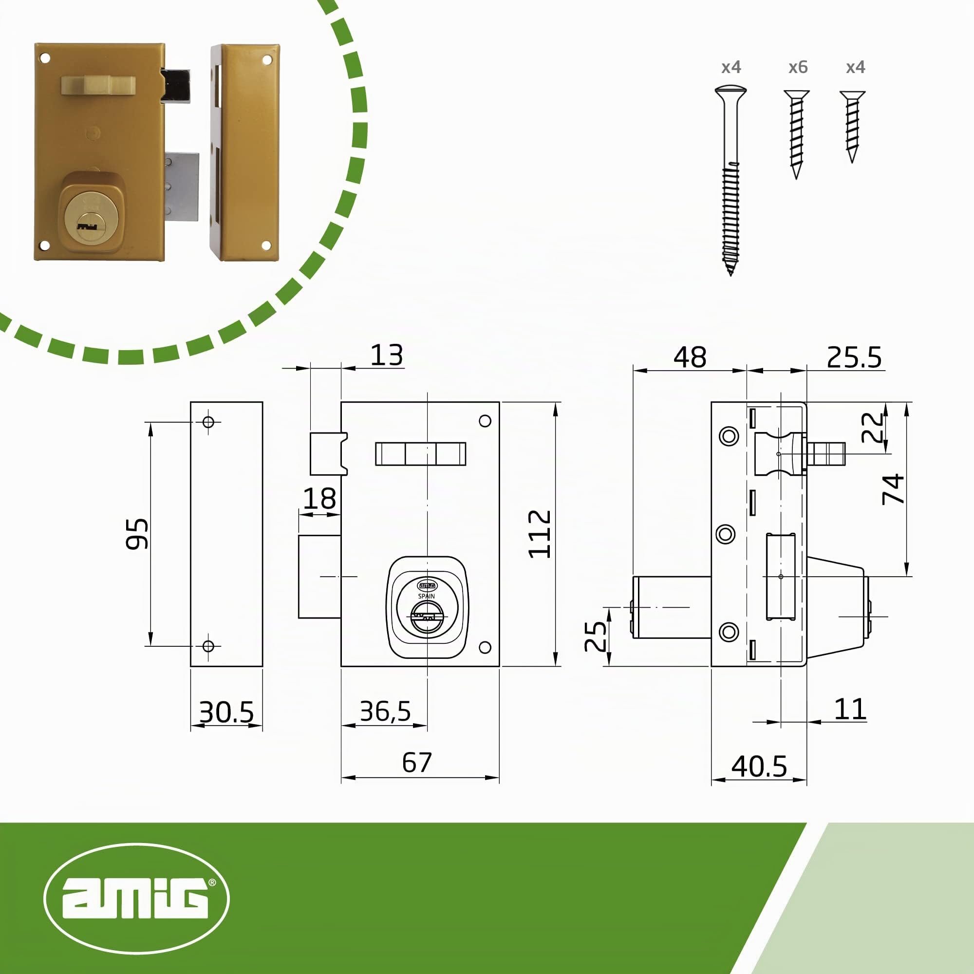 Amig - Cerradura de Sobreponer de Derecha con Palanca de Cierre - Lengüeta y Tirador para Puertas de Madera - Mod. 75, 67 x 112 mm - Cilindro Redondo de Seguridad - Acero - Dorado