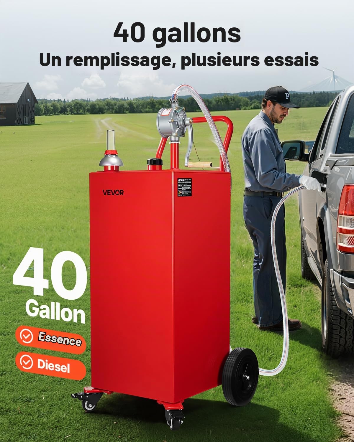 VEVOR Bidon d'Essence et Diesel sur Roues, 151,4 L, Réservoir de Carburant avec Pompe de Transfert Manuelle, Tuyau 3 m, Chariot Ravitaillement Stockage Carburant pour Voitures, Tondeuses, VTT, Bateaux