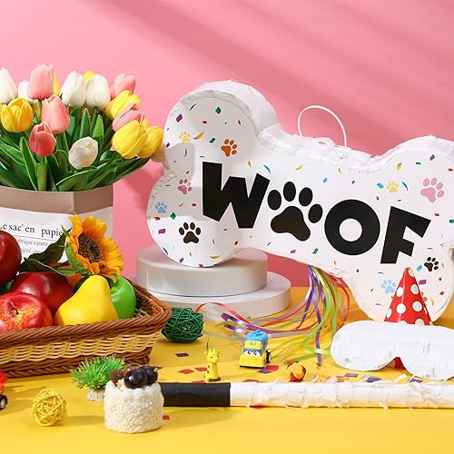 Vista 9 de Sotiff Piñata para perro, juego de piñatas para fiesta de cachorro, incluye piñata con estampado de patas, palo, máscara de murciélago, confeti