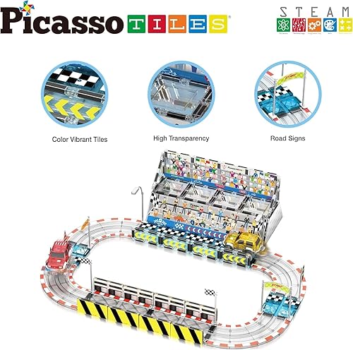Miniatura 4 de PicassoTiles Juego de pista de carreras de azulejos magnéticos con camiones, juguete de aprendizaje STEAM para niños a partir de 3 años