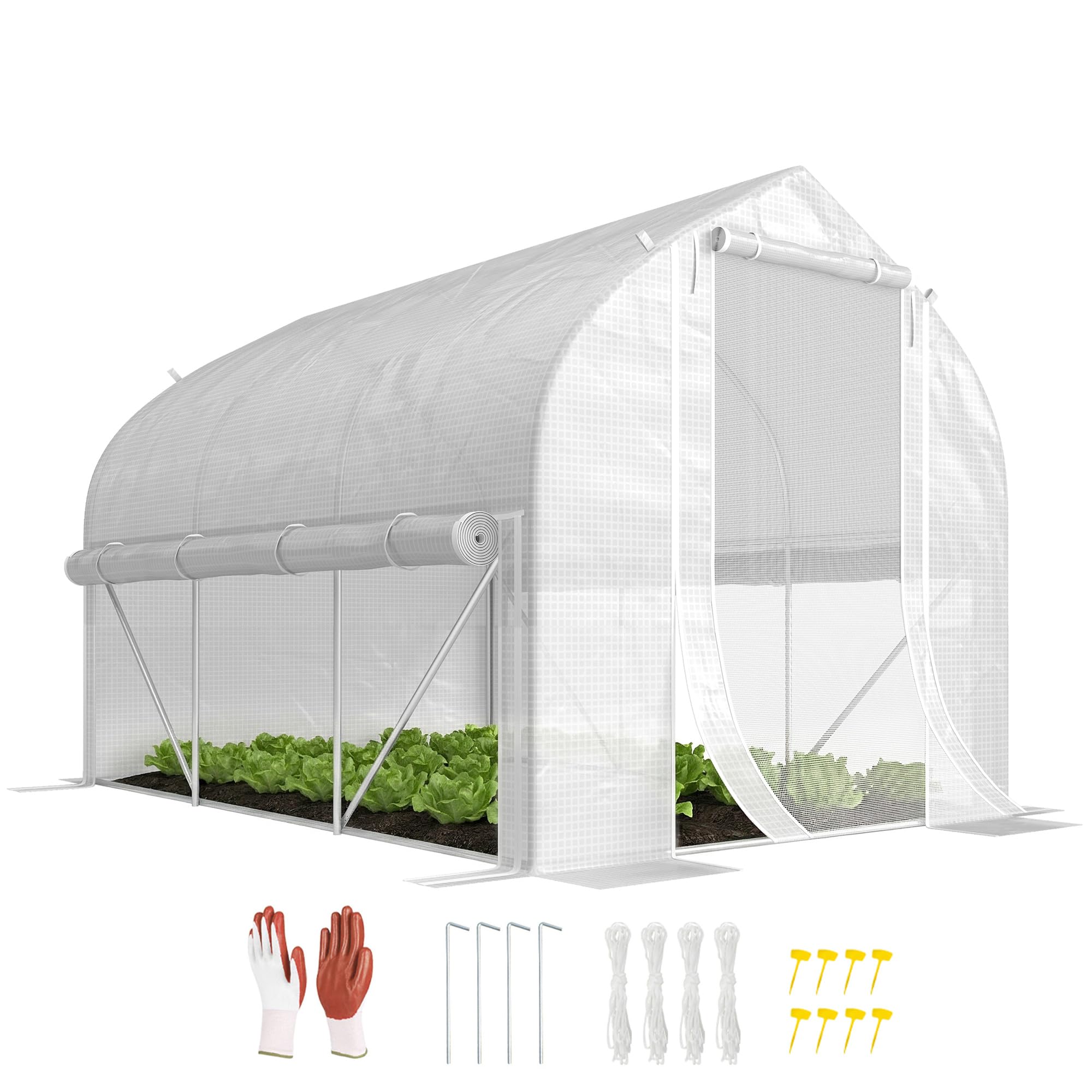 Outsunny 3 x 2(m) Walk-in Polytunnel Greenhouse, Zipped Roll Up Sidewalls, Mesh Door, 6 Mesh Windows, Tunnel Warm House Tent with PE Cover, Complimentary Plant Labels and Gloves, White