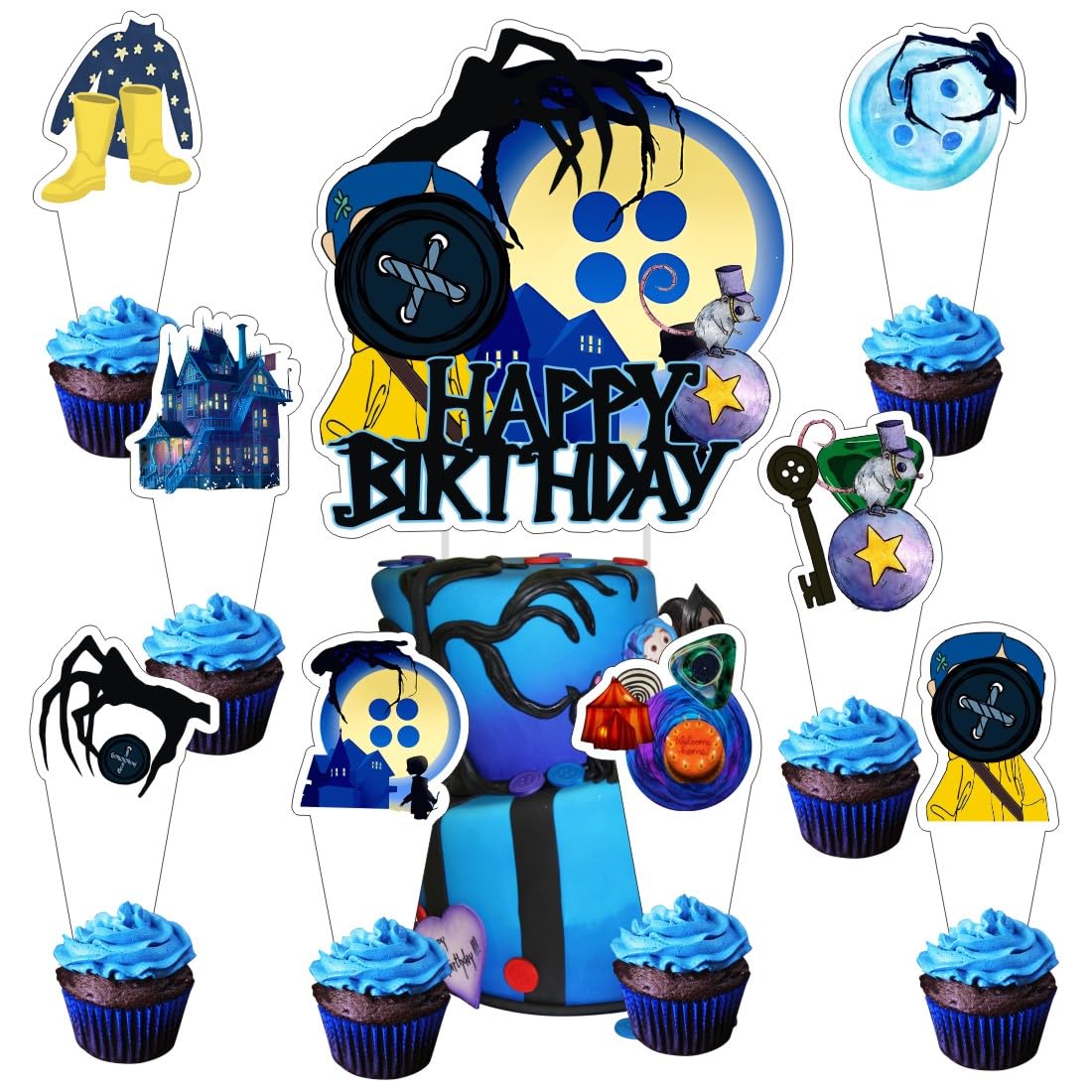 25Pcs Horror Movie Cake Decorations with 24pcs Cupcake Toppers, 1pcs Cake Topper for Kids Birthday Party Supplies