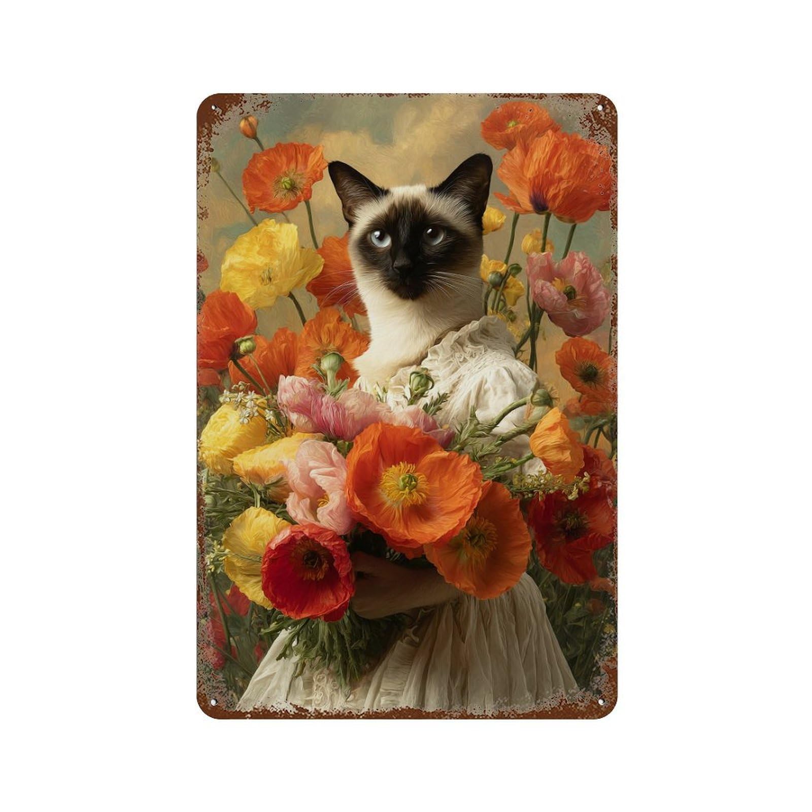 Floral Cat Portrait Painting 11.8"x7.9" Weathered Tin Sign, Rustic Home Decor for Living Room, Hallway And Home Decor