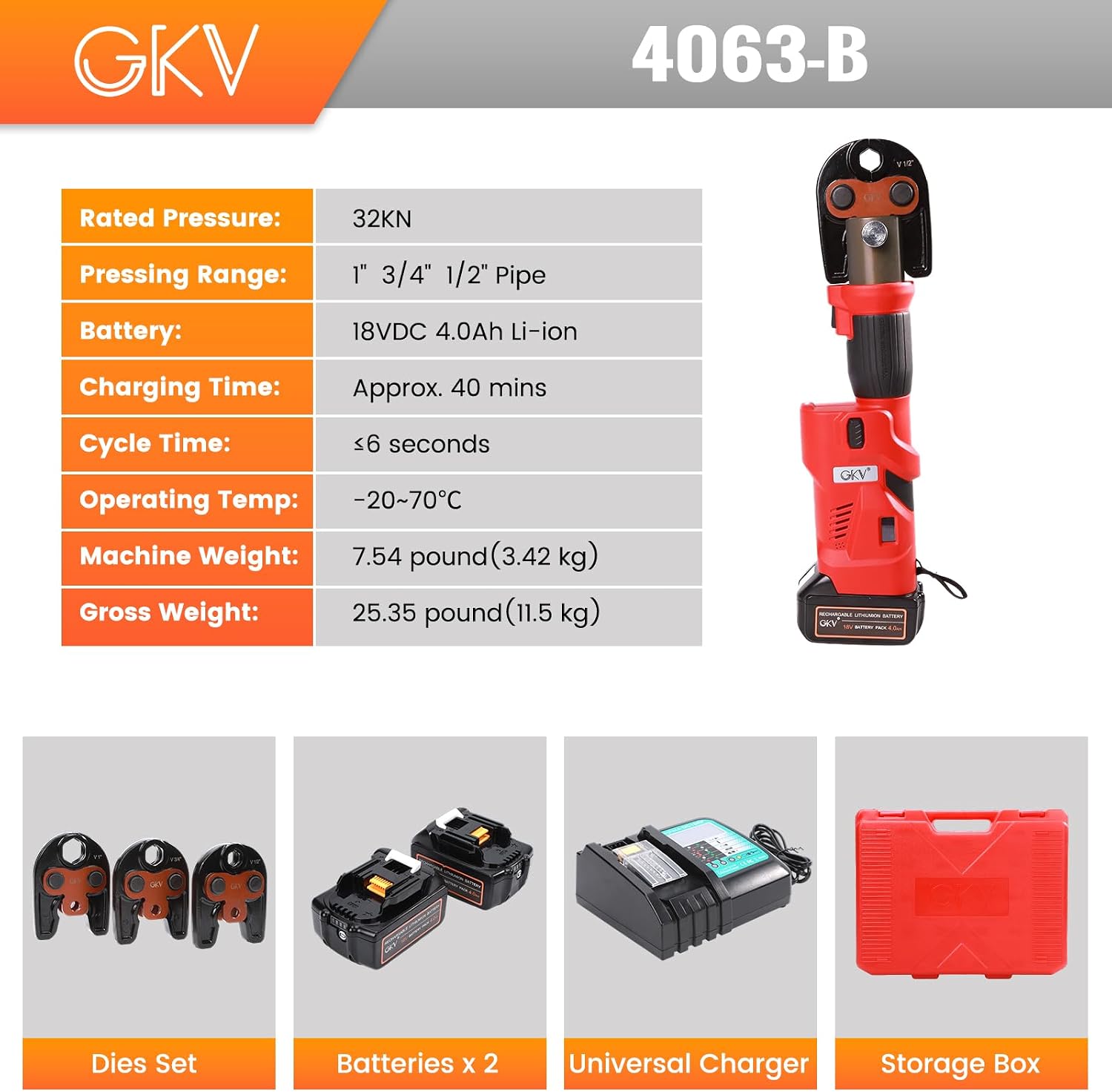 Press Tool 18V Electric Crimper, Propress Tool for Copper Pipe with 3 Jaws (1/2" 3/4" 1"), Includes 2×4Ah Batteries & Fast Charger (4063-B)