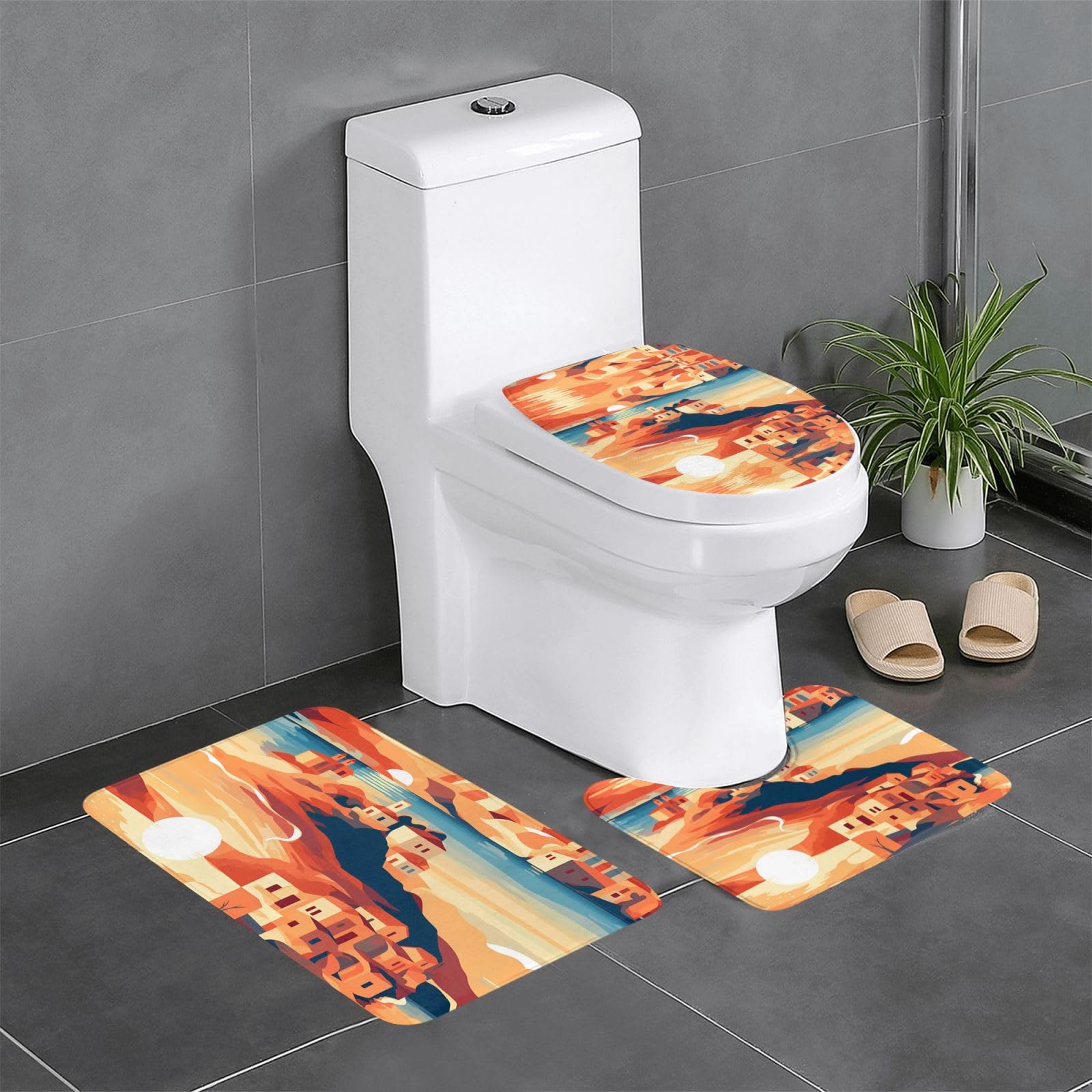 Tapis de salle de bain coucher de soleil de Grèce pour meuble-lavabo cosy
