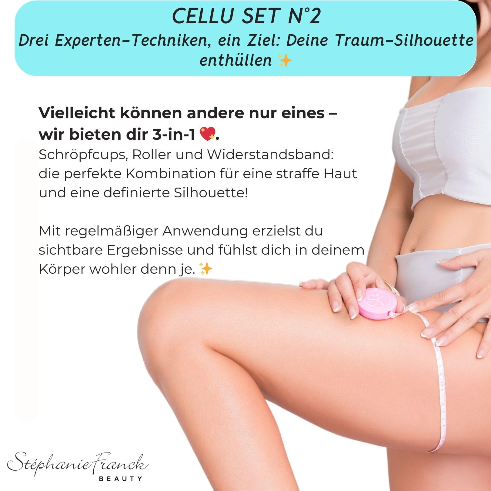 Cellulite Massage Set N°2 - enthält 1 My Body Shaper Massageroller, 2 My Cellu Shaper Silikon Cups (5,5 cm), und 1 Yoga Band - Für straffe Haut (Türkis)