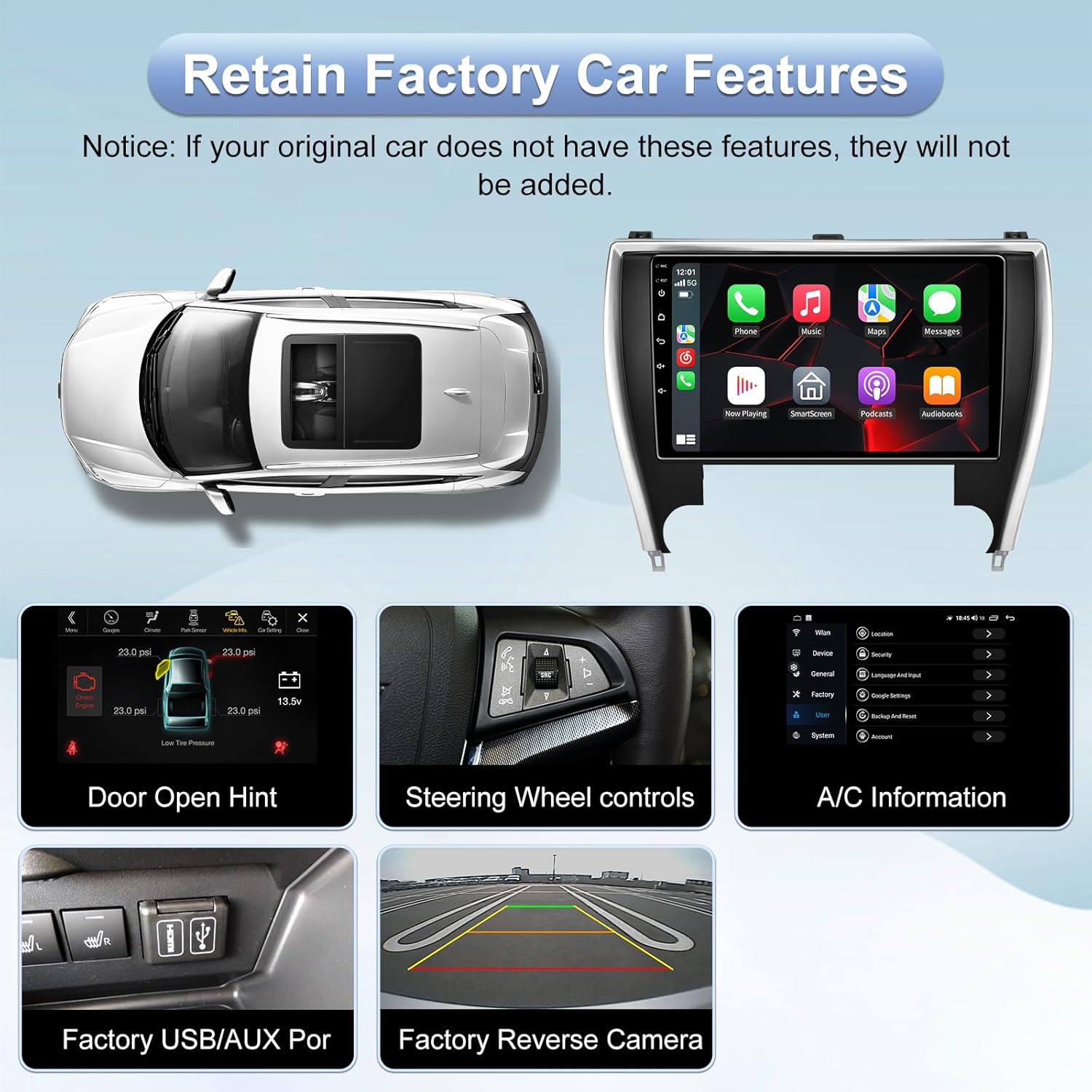 5GWiFi Upgrade Car Stereo Radio for Toyota Camry 2015 2016 2017 - Wireless Carplay and Android Auto GPS Navigation - 4GB+32GB 10.2 inch Touchscreen Bluetooth RDS FM SWC (Fit for JBL System)