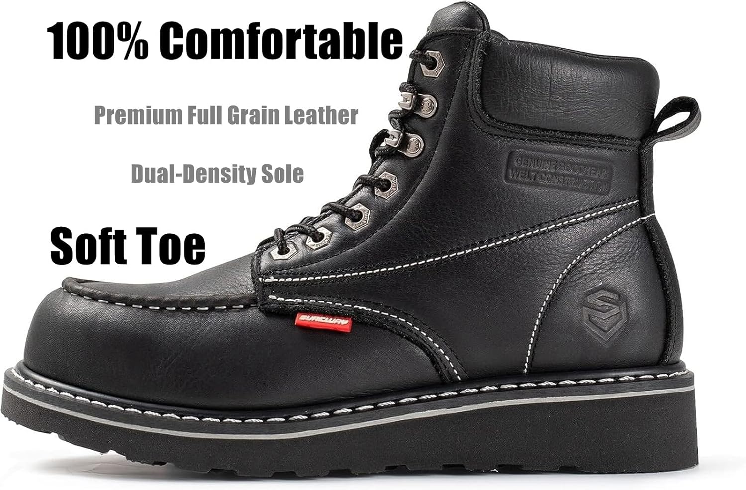 SUREWAY Mens Heavy Duty Soft/Composite/Steel Toe Work Boots for Men-Comfortable,GoodyearWelt,Full Grain Leather,6 in Wedge Moc Toe Construction Boots/Shoes,Waterproof Soft Toe Black,Size 13 - Image 2