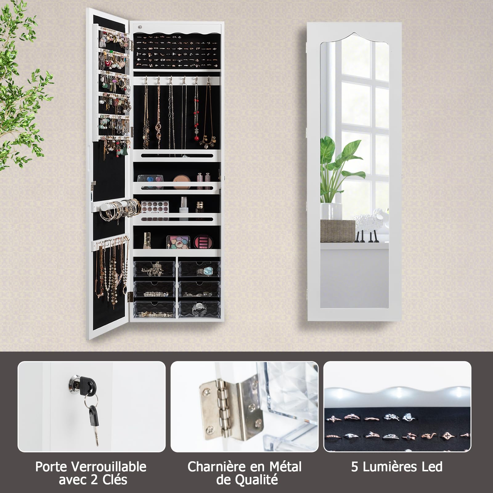 GOPLUS Armoire à Bijoux Mural avec Miroir et Lumière LED, Armoire de Rangement Mural, Accrochée à la Porte avec Serrure, Meuble de Rangement, Miror Porte-Bijoux 120 x 36,5 x 11,5CM, Blanc