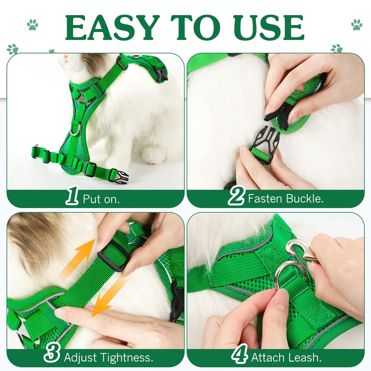 VavoPaw Pettorina per Cani con Guinzaglio da 1,5M, Imbracatura per Gatti Antifuga con Rete Traspirante e Strisce Riflettenti, Gilet Morbido e Regolabile per Cani Gatti, L, Verde Medio