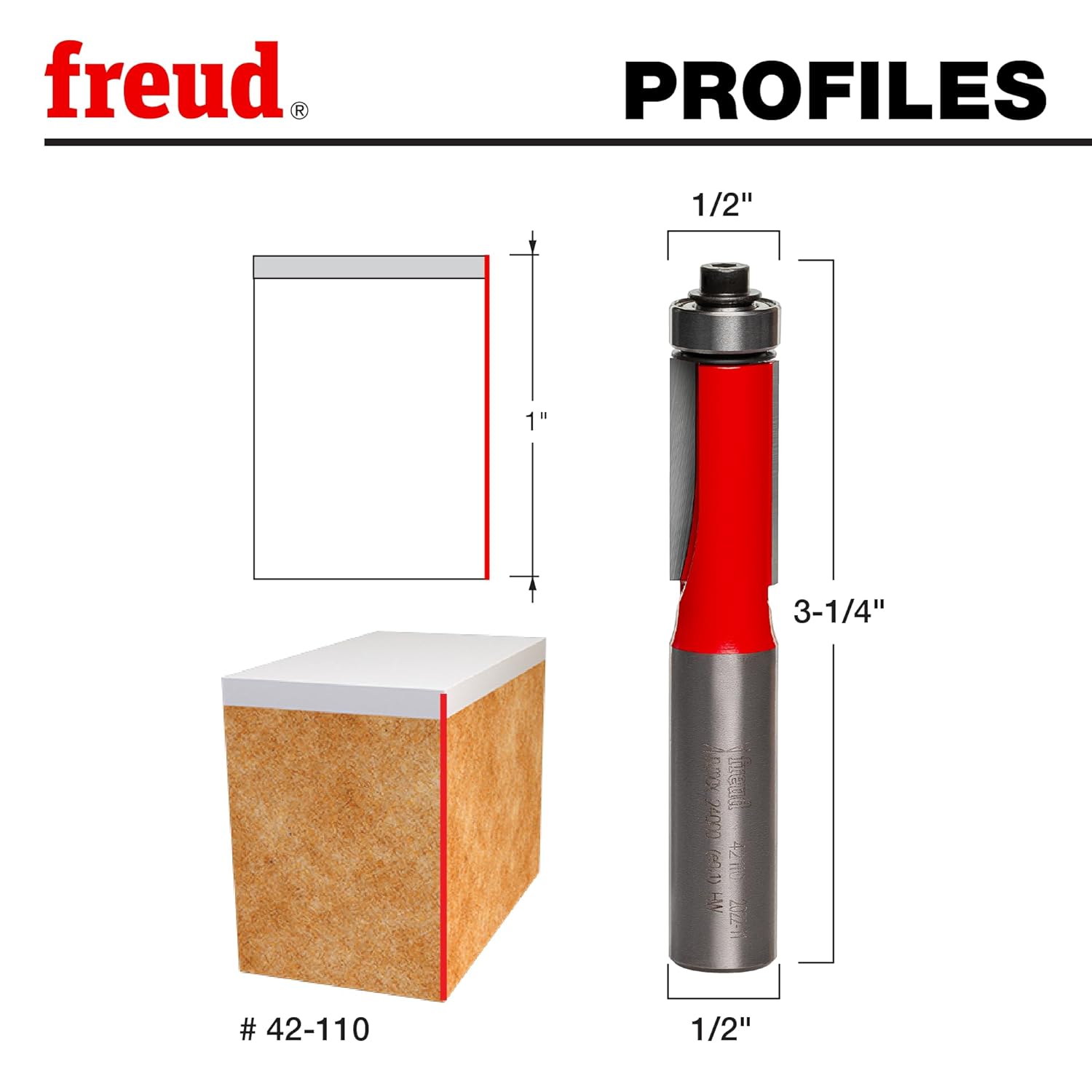 Freud 42-110: 1/2" (dia.) Bearing Flush Trim Bit with 1/2" shank, 1" carbide height