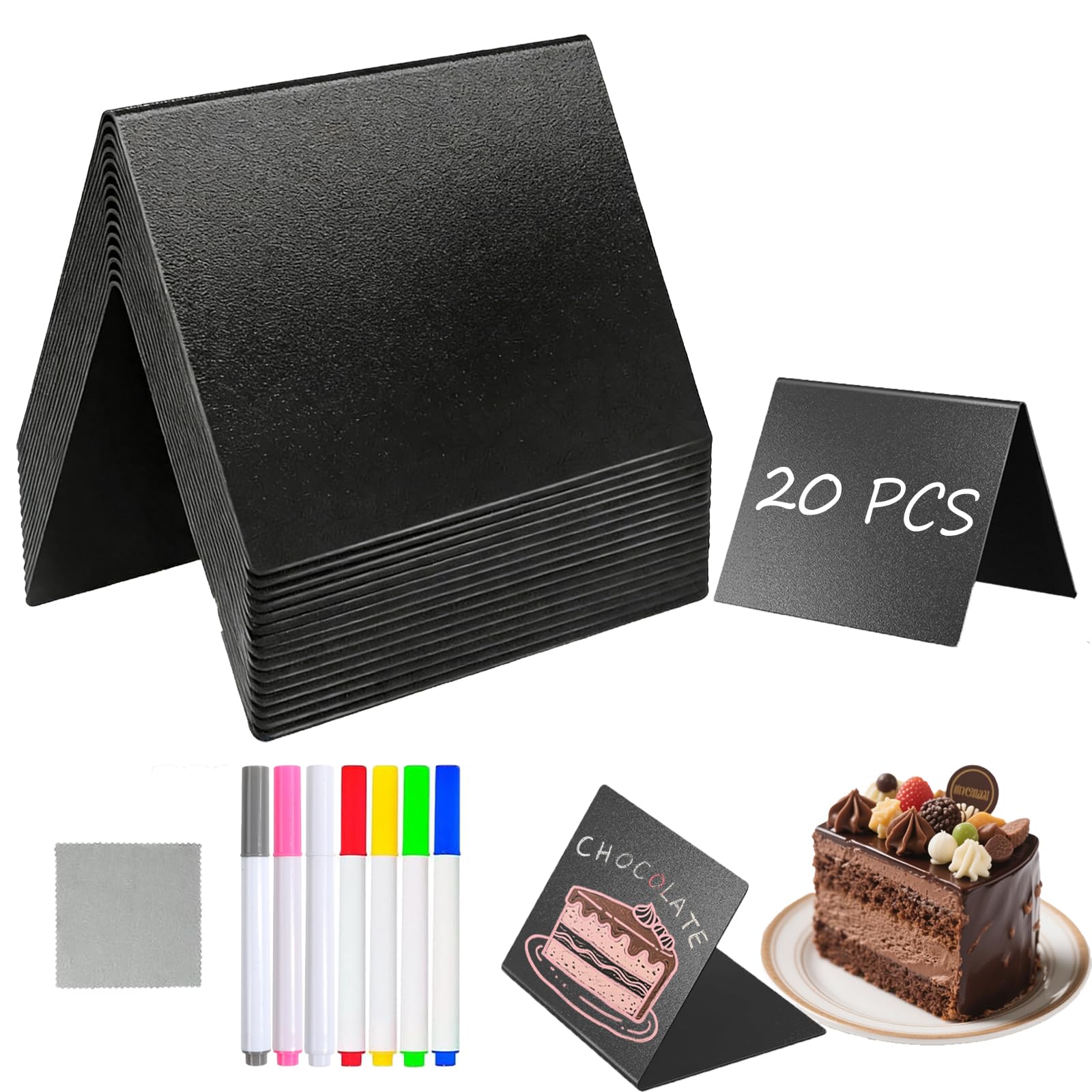 Kiswleon 20Pcs Acrylic Mini Chalkboard Signs,Erasable Small Blackboard,Food Labels for Buffet with 7 Pens 1 Cloth,Mini Chalk Boards for Buffet Bakery Cafe Party Office Classroom