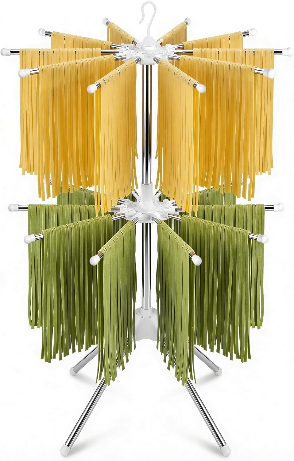 Pasta Drying Rack, 20-Rod Double Layer Large Capacity Pasta Dryer, 304 Stainless Steel 360° Rotating Foldable Noodle Stand for Homemade Spaghetti, Fettuccine, Family Pasta Night