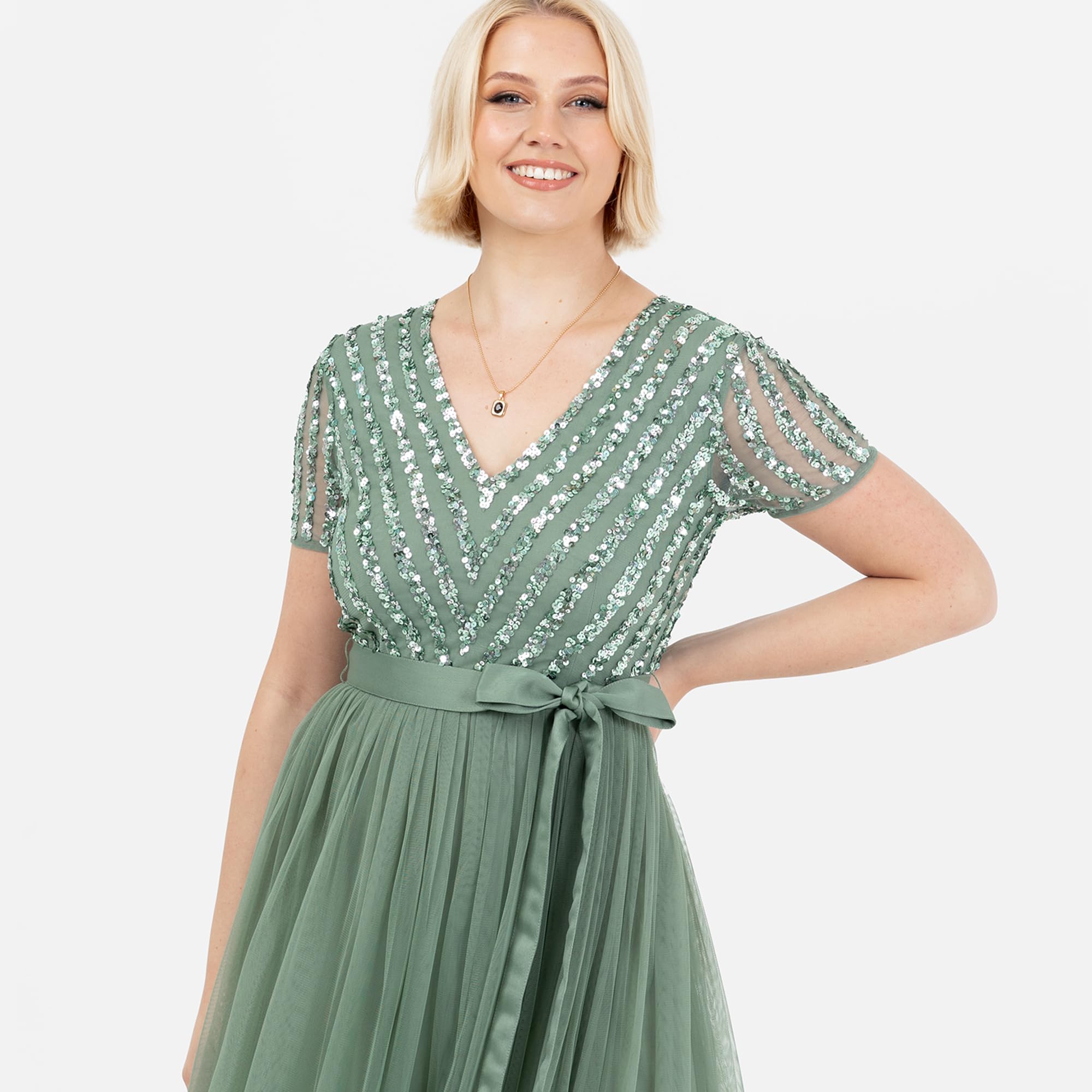 Maya Deluxe Damen Maya Deluxe Maxi Dress for Women Ladies Bridesmaid V-Neck Ball Gown Short Sleeves Long Elegant Empire Waist Wedding Brautjungfernkleid (1er Pack)