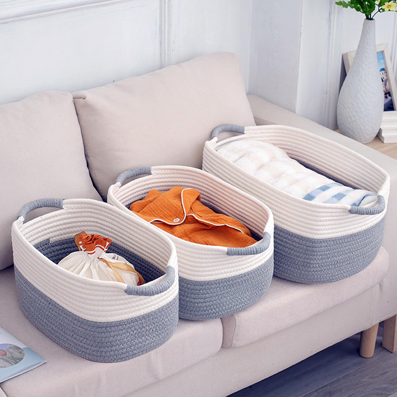 XIAOMAGGStorage Basket, Set of 3, 43 cm, Handwoven Cotton Rope Storage Basket, Home Storage Basket, Toy Storage Basket, Blue Clothes Basket (Large*1+Medium*2, White+Grey)