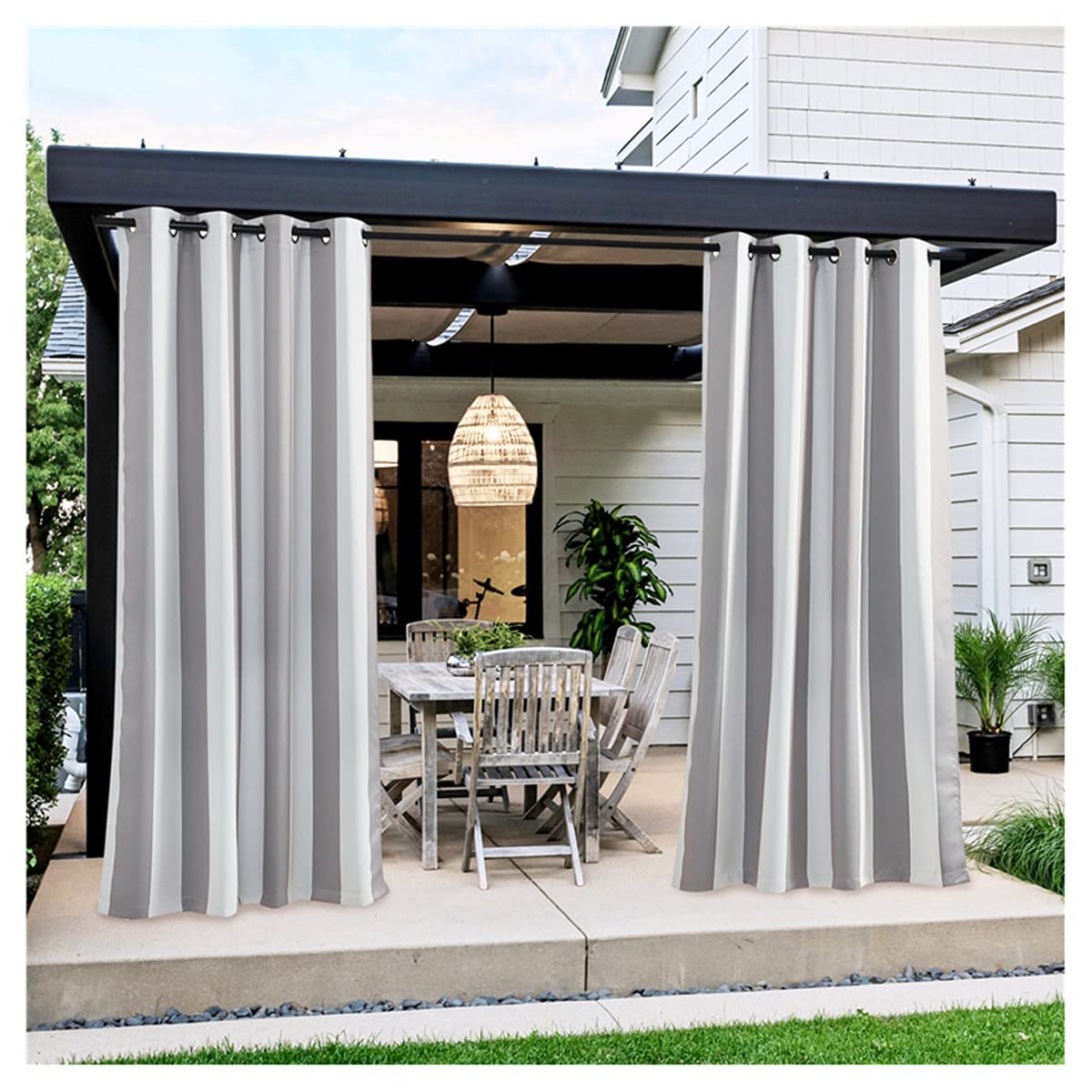 Streifen Outdoor Vorhänge Wetterfest mit Ösen, 1 Stücke Wasserabweisend UV Schutz Gardinen Sonnenschutz Verdunkelungs Vorhang für Terrasse Garten Veranda Pergola Cabana Gazebo