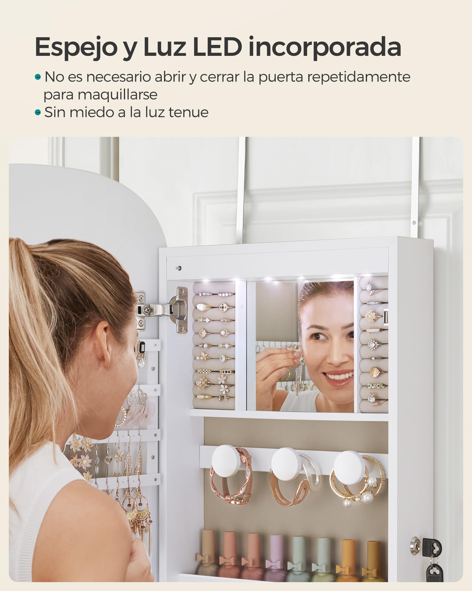 SONGMICS Armario para Joyas, Espejo Joyero de Pared, Organizador con Luz LED y Cerradura, Varios Compartimentos, para Pendiente, Collar, Superficie Blanca y Forro Gris Beige JJC026W01