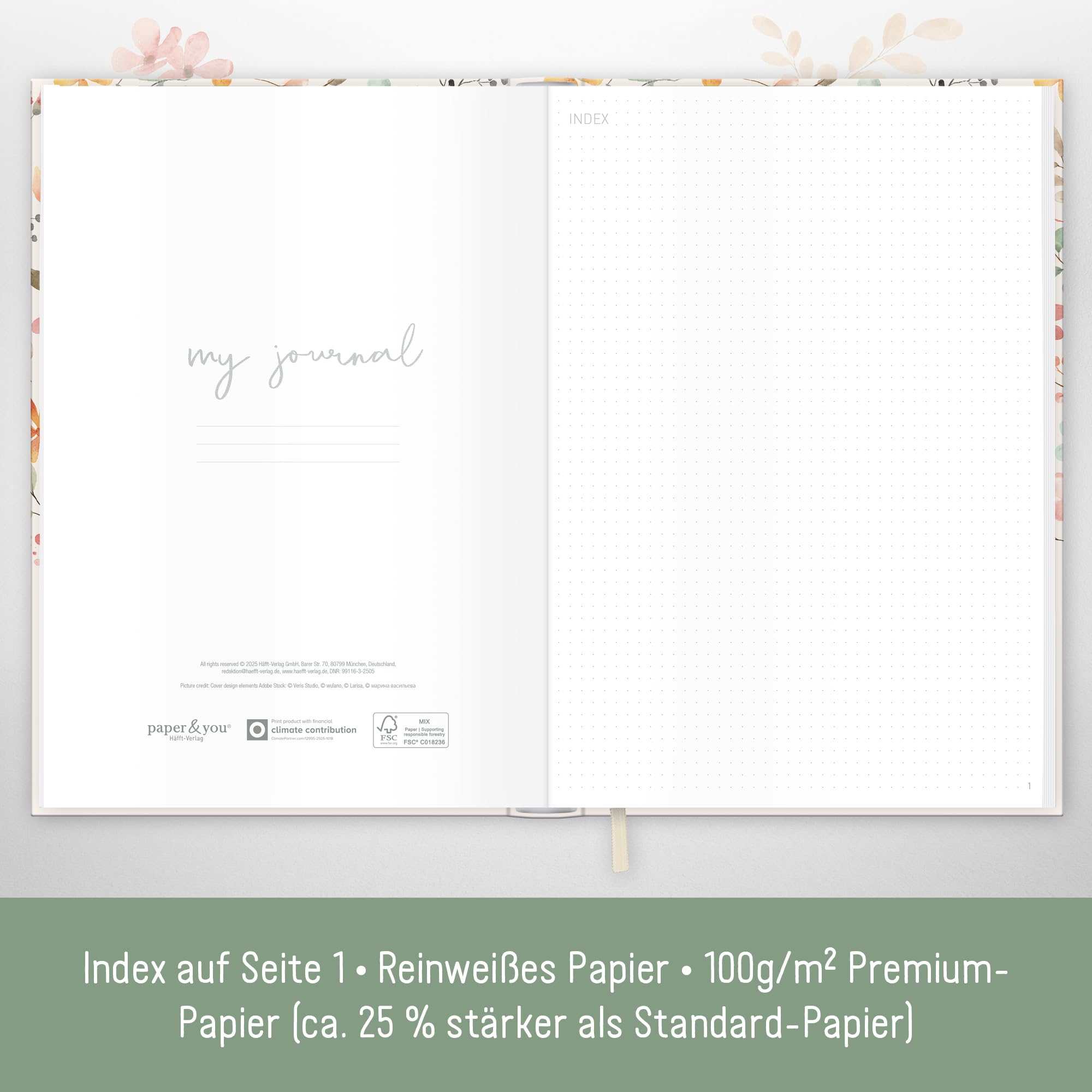Häfft paper&you® Notatnik Dotted Journal A4+ w kropki "Wild Blossoms" | 156 ponumerowanych stron z siatką kropkową i gumką – do prowadzenia dziennika, sporządzania list i robienia notatek
