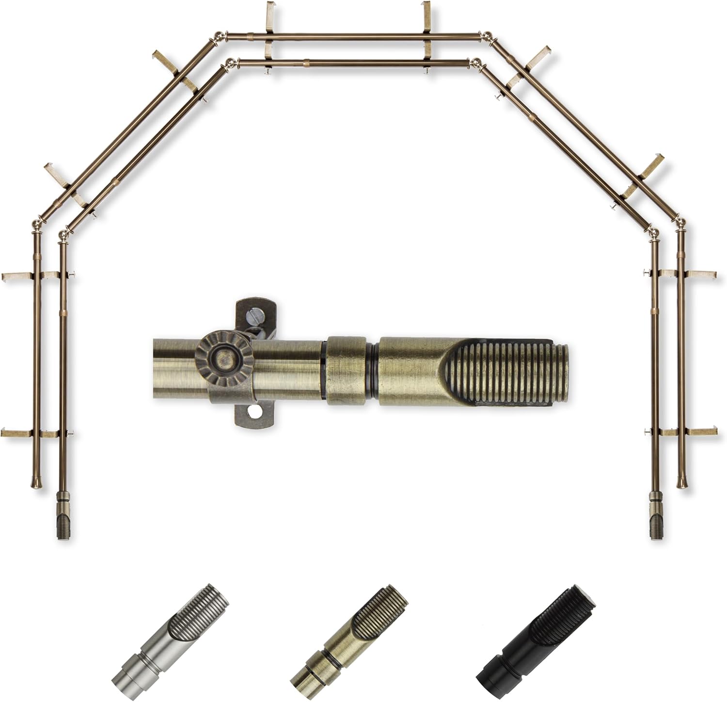 A&F Rod Décor - Cylinder 13/16" 5-Sided Double Bay Window Curtain Rod - Antique Brass