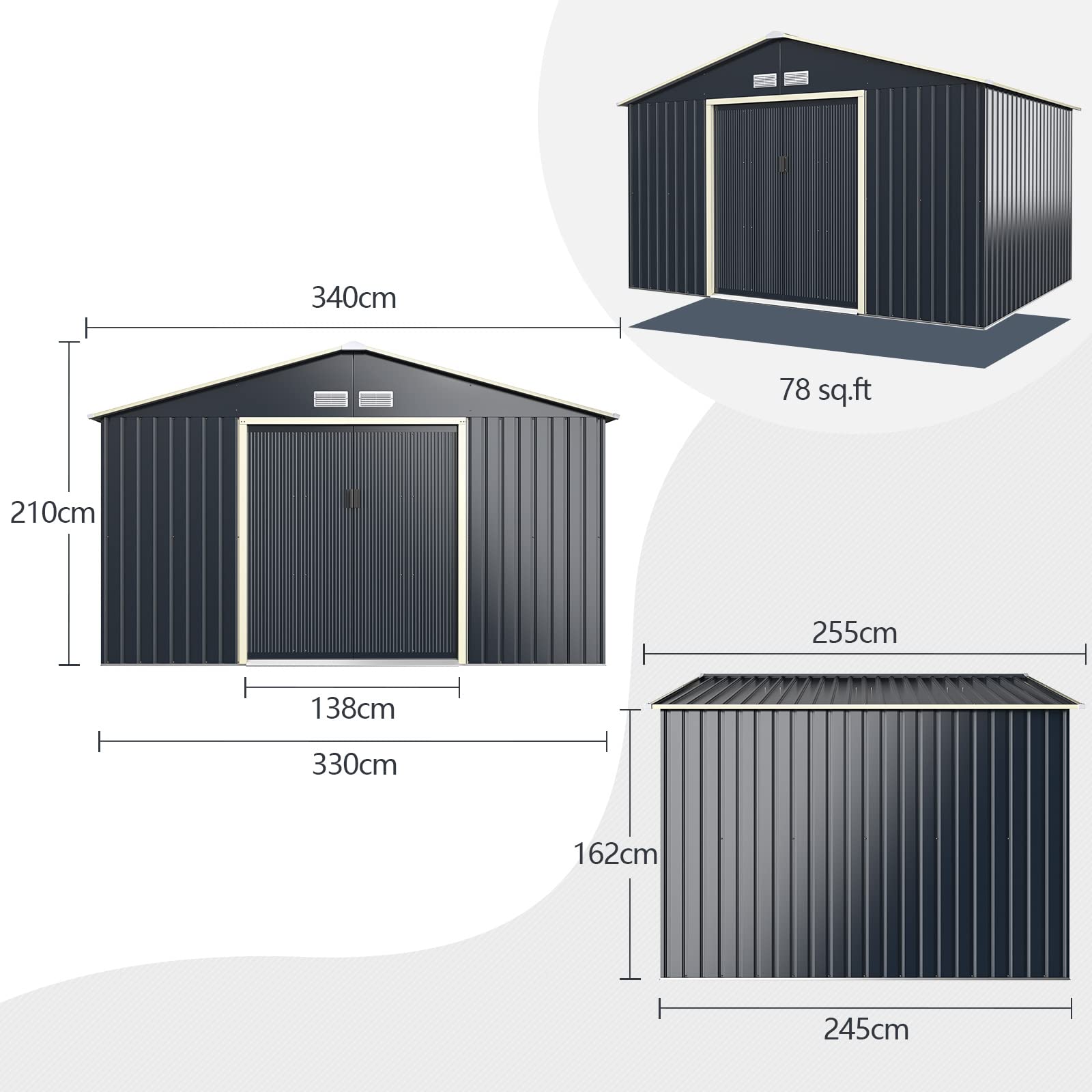 COSTWAY Gerätehaus Metall, 340x255x210 cm, Geräteschuppen abschließbar mit 4 Luftschlitzen & Schiebetür, Garten Schuppen für Rasenmäher Fahrräder, Metallschuppen Outdoor