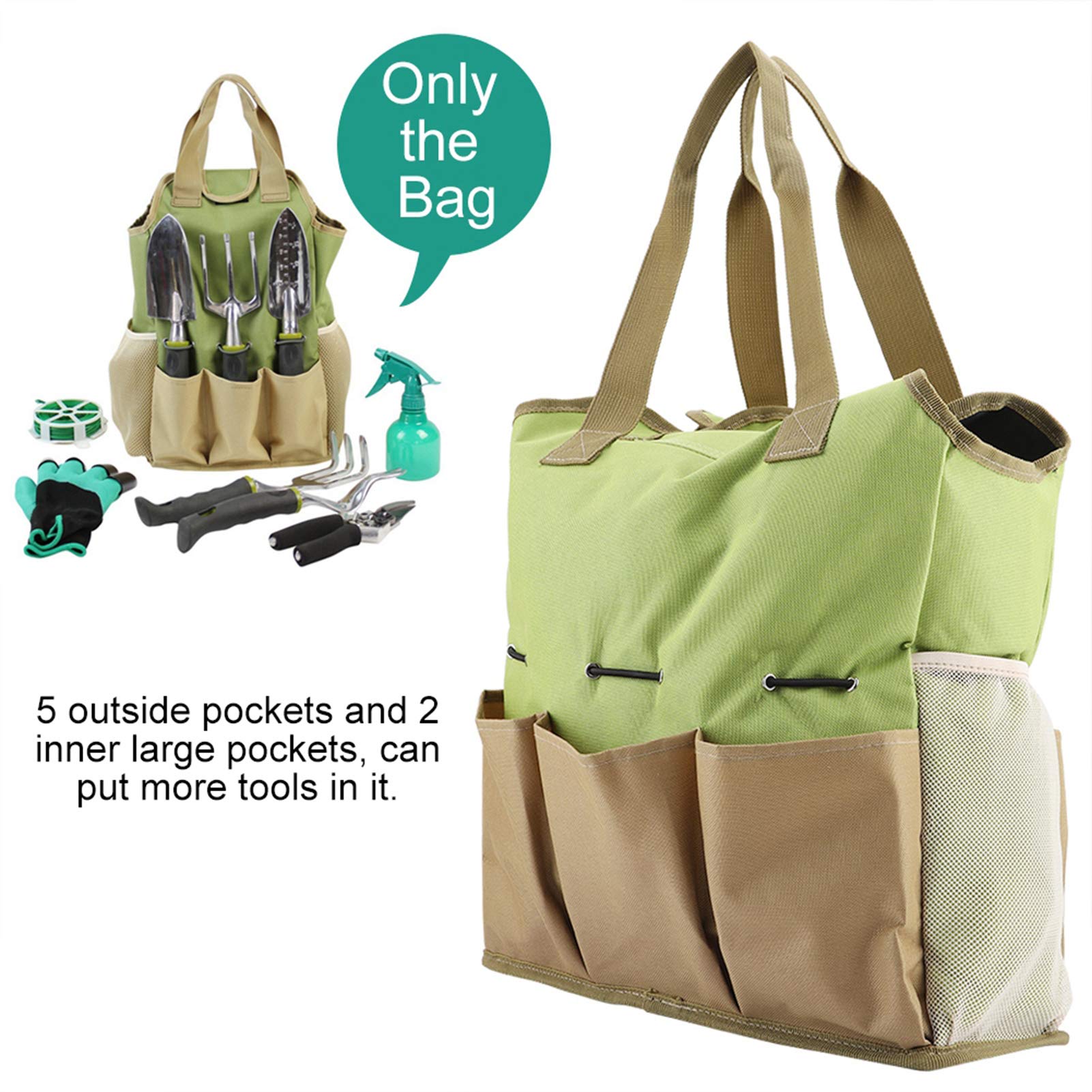 SIXRUN Borsa per Attrezzi da Giardinaggio, Organizer per Attrezzi da Giardino in Tela con 5 Tasche Esterne e 2 Tasche Interne, Borsa Portaoggetti Portatile con Parte Superiore Aperta per Giardinieri